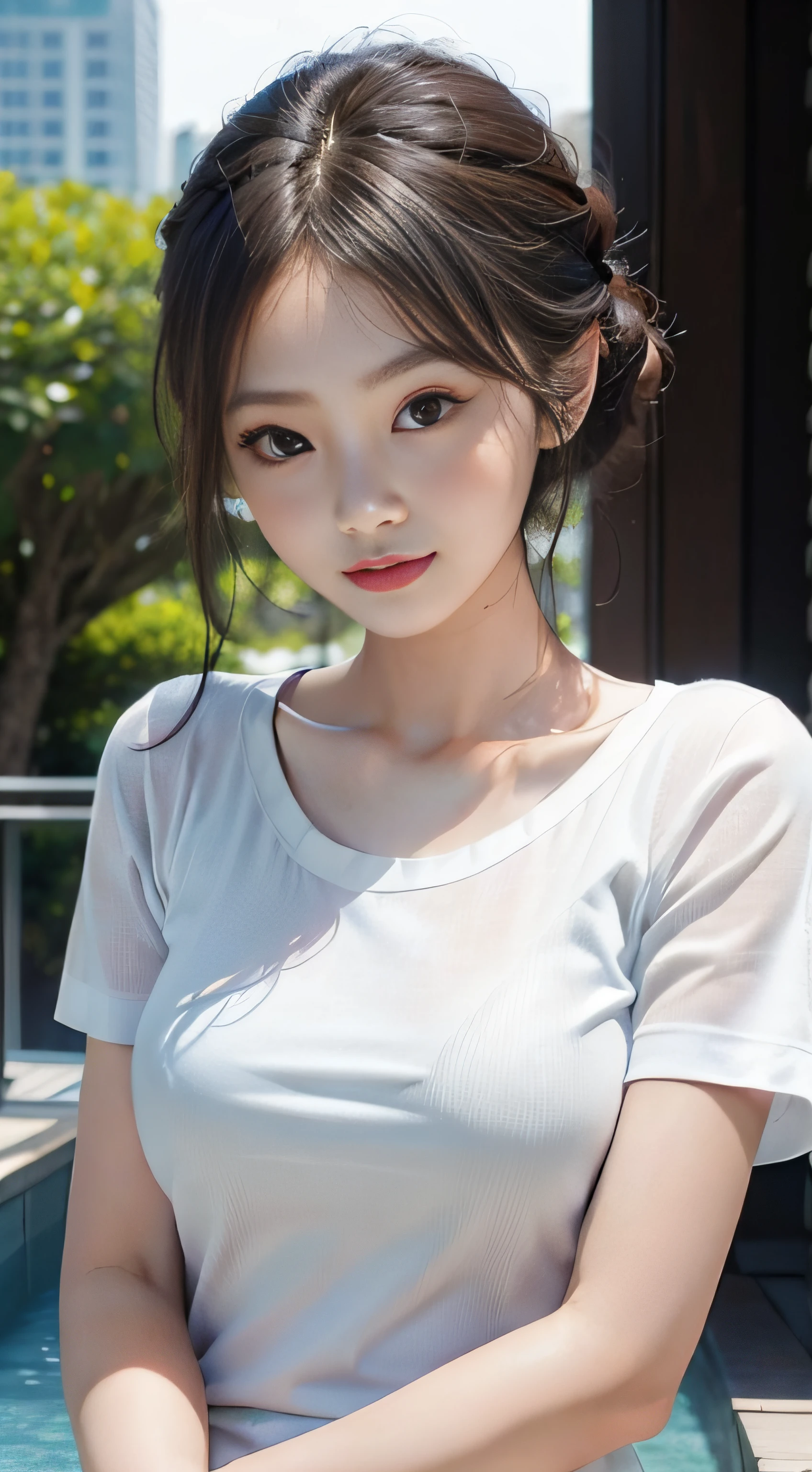masterpiece、Top image quality:1.2、((beautiful young woman with))、Transparent skin:1.2、{A slight smil}、(kawaii)、Short sleeve knit、luxury hotel、depth of fields、Sharp Focus、Fine details