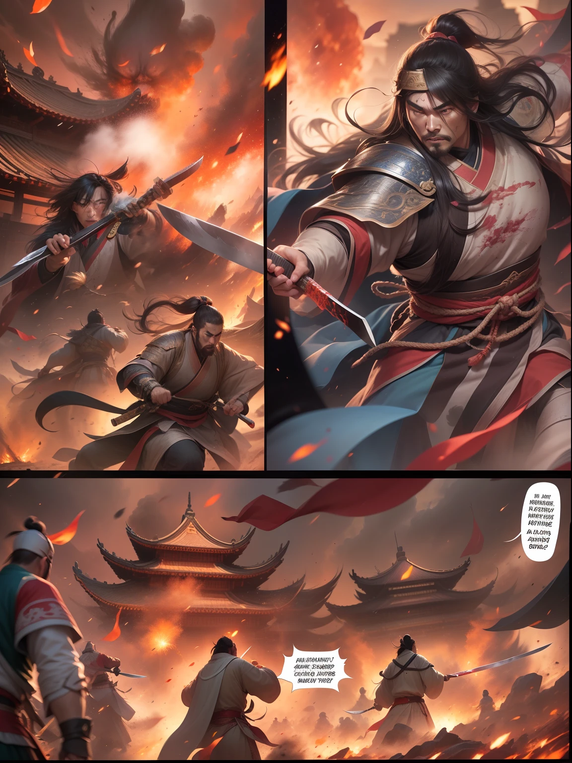 [illustratio，Story split-shots]comic page，There are multiple screens on one page: Chinese male warriors of the Qin Dynasty, A cold face，Bloodstained robes，Slash with a long knife，standing in the wind（Side half close-up）。The battle flag is skewed，Fireworks are everywhere，Enemies in the distance are rushing towards him（bblurry，Faraway view）。[Extreme close-up]:Ultra-wide angle, Cinema lenses,Motion capture, Chiaroscuro, Depth of field 1.8，The protagonist is focused，Cinema lenses，Zao Wou-Ki style