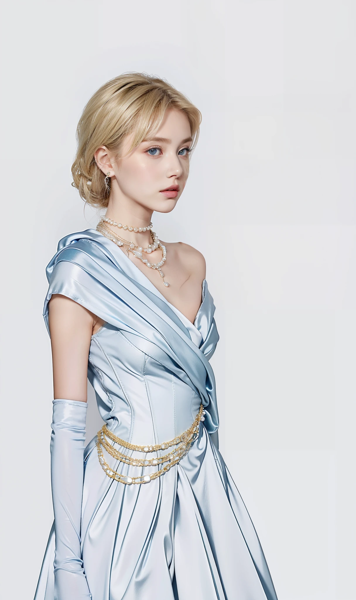 1. Girl,Around 14 years old,blonde,blonde,blonde,Plate hair,blue color eyes,European and American faces,Court dress,Draped in a scarf,Long satin gloves, Silk gloves, lots of jewelry, Ruby earrings, pearls necklace, Pearl waist chain, Black brick wall background, Black brick wall background, Black brick wall background