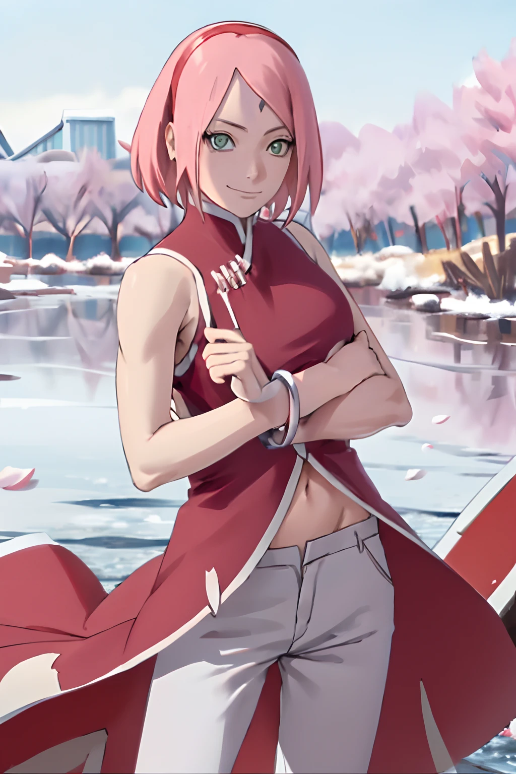 masterpiece, absurdres ,1girl, haruno sakura,forehead mark, red hairband, red sleeveless dress, white pants,navel, groin, bracelet, looking at viewer, crossed arms, smile, cherry blossoms, wind, floating hair,