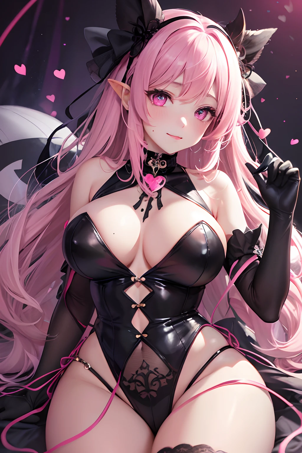 striated hair,Pink twin-tailed hair, Mole under the eyes, mole under mouth, Heart-shaped pupil, longeyelashes, Pink eyes, Heart-shaped choker、full body Esbian、gazing at viewer、Shy, blush, nose blush,Anime style, Color Field Painting, Ray tracing, bloom, One-person viewpoint, nffsw, awardwinning, 16 K, Best Quality, high details, High quality, masutepiece, hight resolution, ccurate, Super Detail、Halloween Costumes