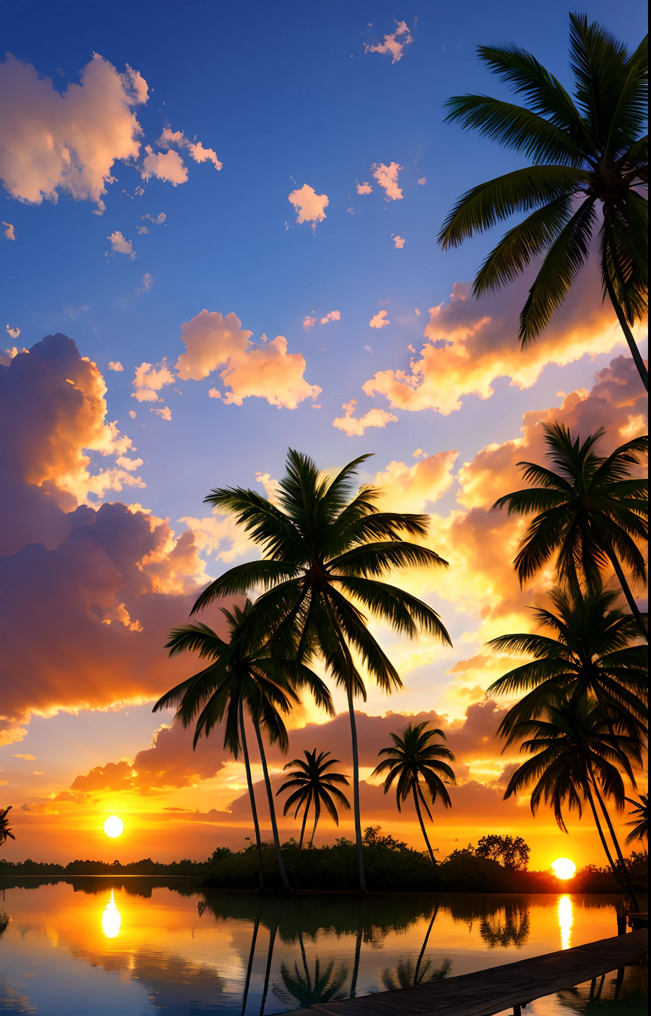create an image of kerala backwaters wuth coconut trees in background and sun rise 2d image