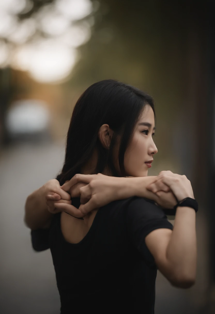 20yr old,Asian women,Black hair,Sports short-sleeved clothes,Stretching arm movements, ((Only the back of the character can be seen,The face is not visible)),(The face is not visible)Ultra photo realsisim ,Lifelike texture, Dramatic lighting , cine still 800