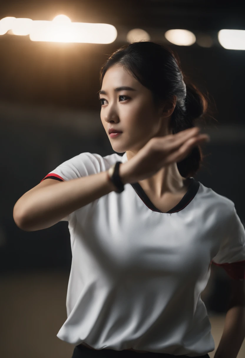 20yr old,Asian women,Black hair,Sports short-sleeved clothes,Stretching arm movements, ((Only the back of the character can be seen,The face is not visible)),(The face is not visible)Ultra photo realsisim ,Lifelike texture, Dramatic lighting , cine still 800