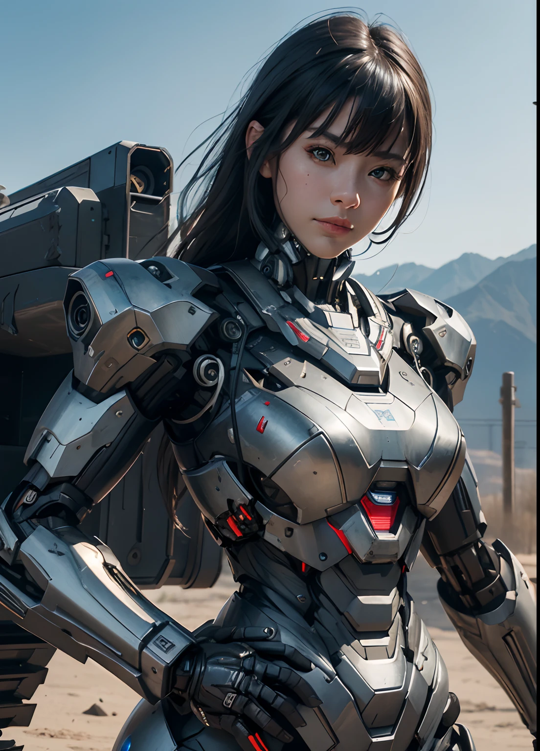 Textured skin, Super Detail, high details, High quality, Best Quality, hight resolution, 1080p, hard disk, Beautiful,(War Machine),beautiful cyborg woman,Mecha Cyborg Girl,Battle Mode,Girl with a Mecha Body,She wears a futuristic war machine weapon mech,Fulll body Shot