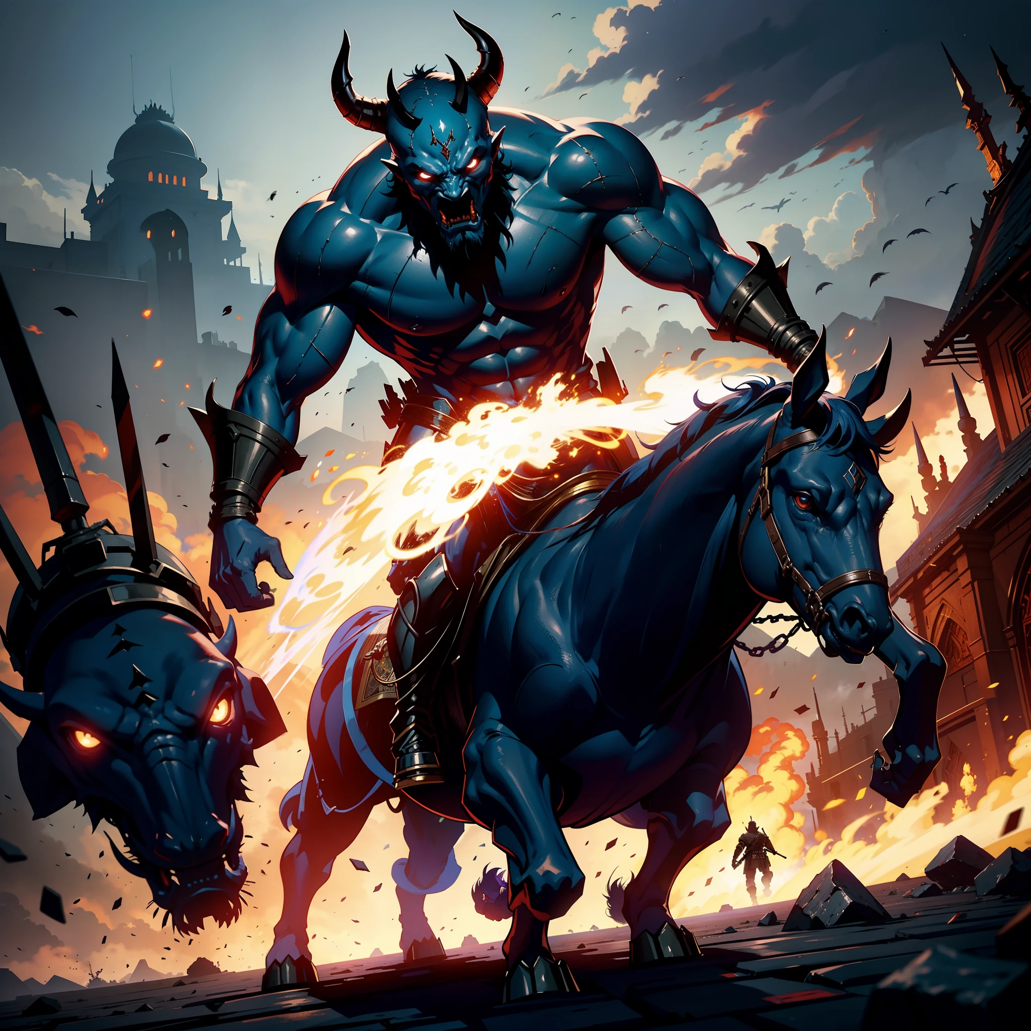 Thé Devil leading troops army of djinns to battle War hyper realistic super detailed Dynamic shot master piece scene cinématique scènes movie Epic Legendary perspective environnement