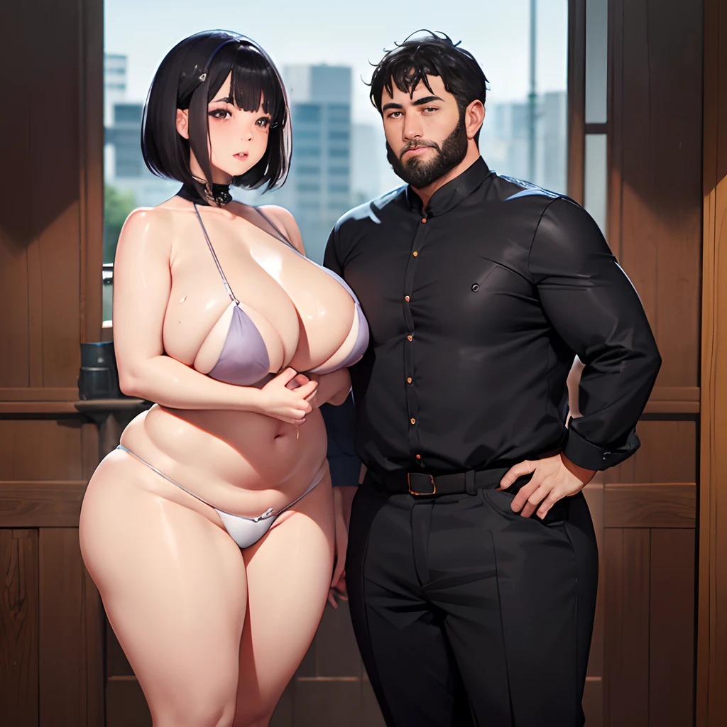 NSFW、 high-level image quality、bbw、 plump curves、Soft and round、 Adorable appearance、 sweet temperament、 Female A(A dark-haired、bob cuts、Red Eyes、20yr old、Petite woman、bbw、Plump、 plump curves、Soft and round、 Adorable appearance、 sweet temperament、large full breasts)、 ((Blushing face))、(a wet body)、男A(A dark-haired、asian human、30-years old、skinny、shorth hair、tall、Stylish、small beard)、Two people standing side by side