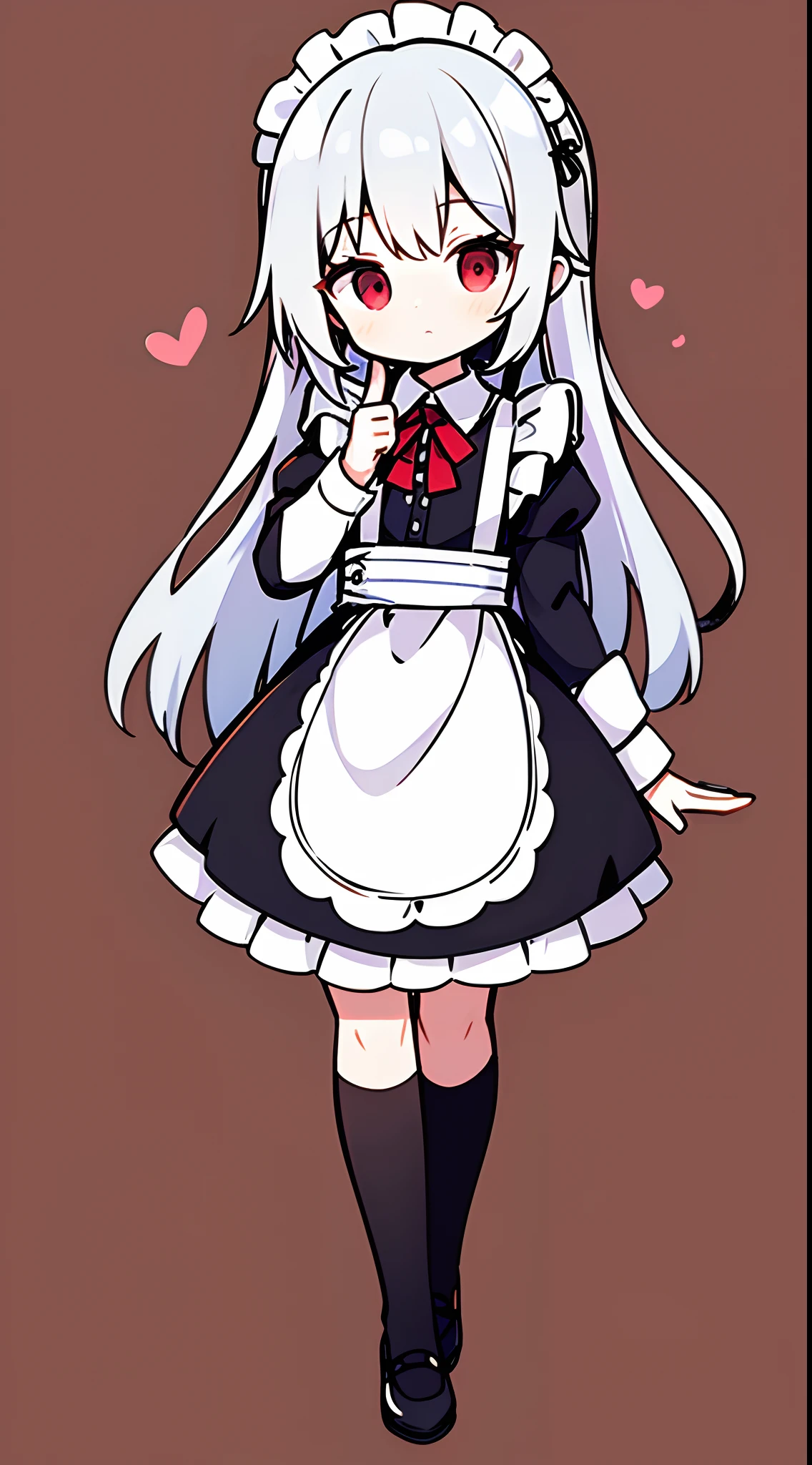 Silvery hair,Red Eyes,girl with,maid clothes,tilting your head,Hold the index finger of your left hand over your chin,Top image quality,Long hair,Straight face,is standing,Standing picture,full body Esbian,Top image quality