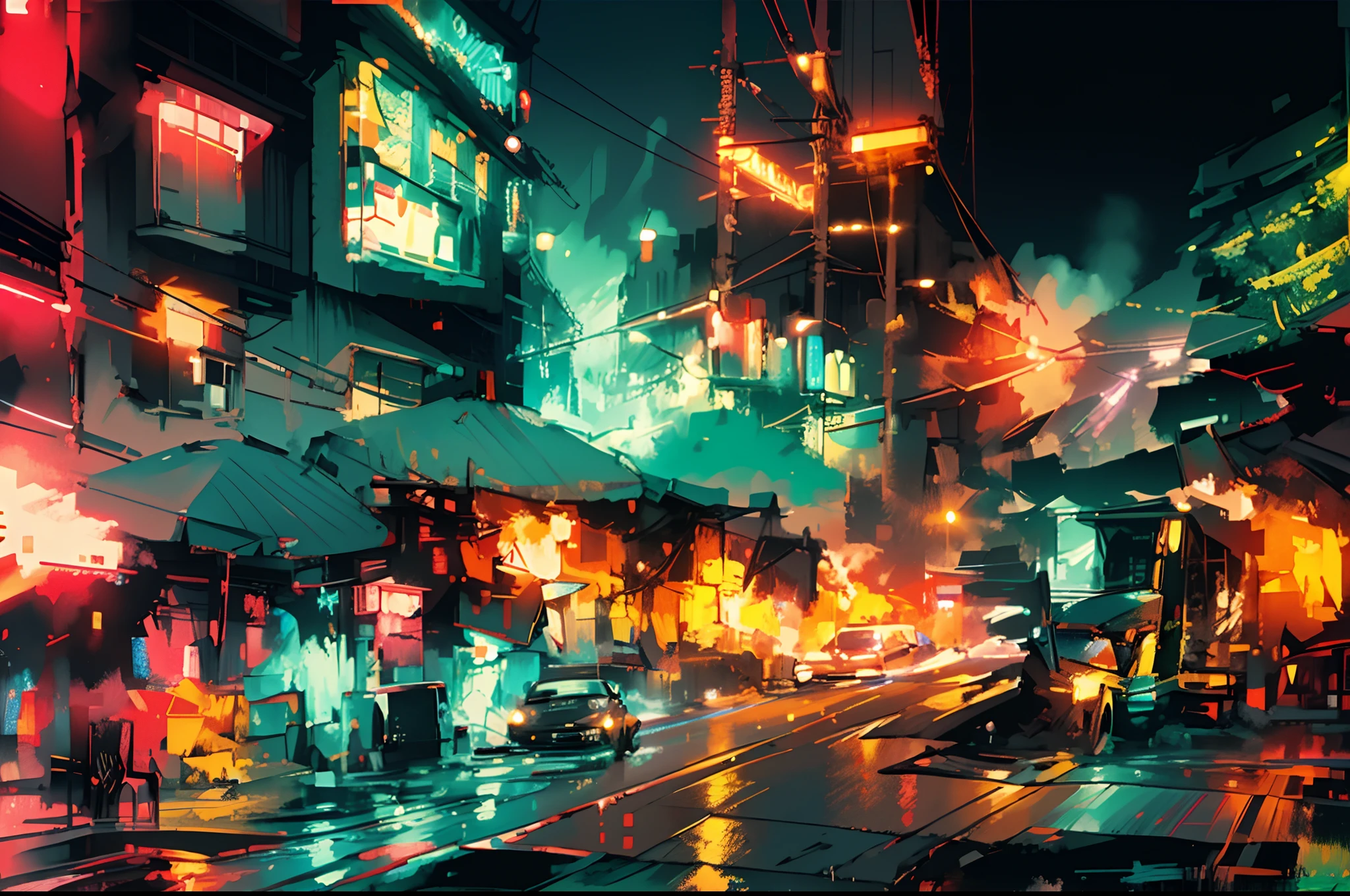 Sports Car, Retro, Full Color, Multicolor, Artistic, Superior Detail, Super Quality, Fine Details, Highlights, Neon Lights, 8k, Masterpiece, City Night, Neon Lights, Wet Road, Mountains, Forest,