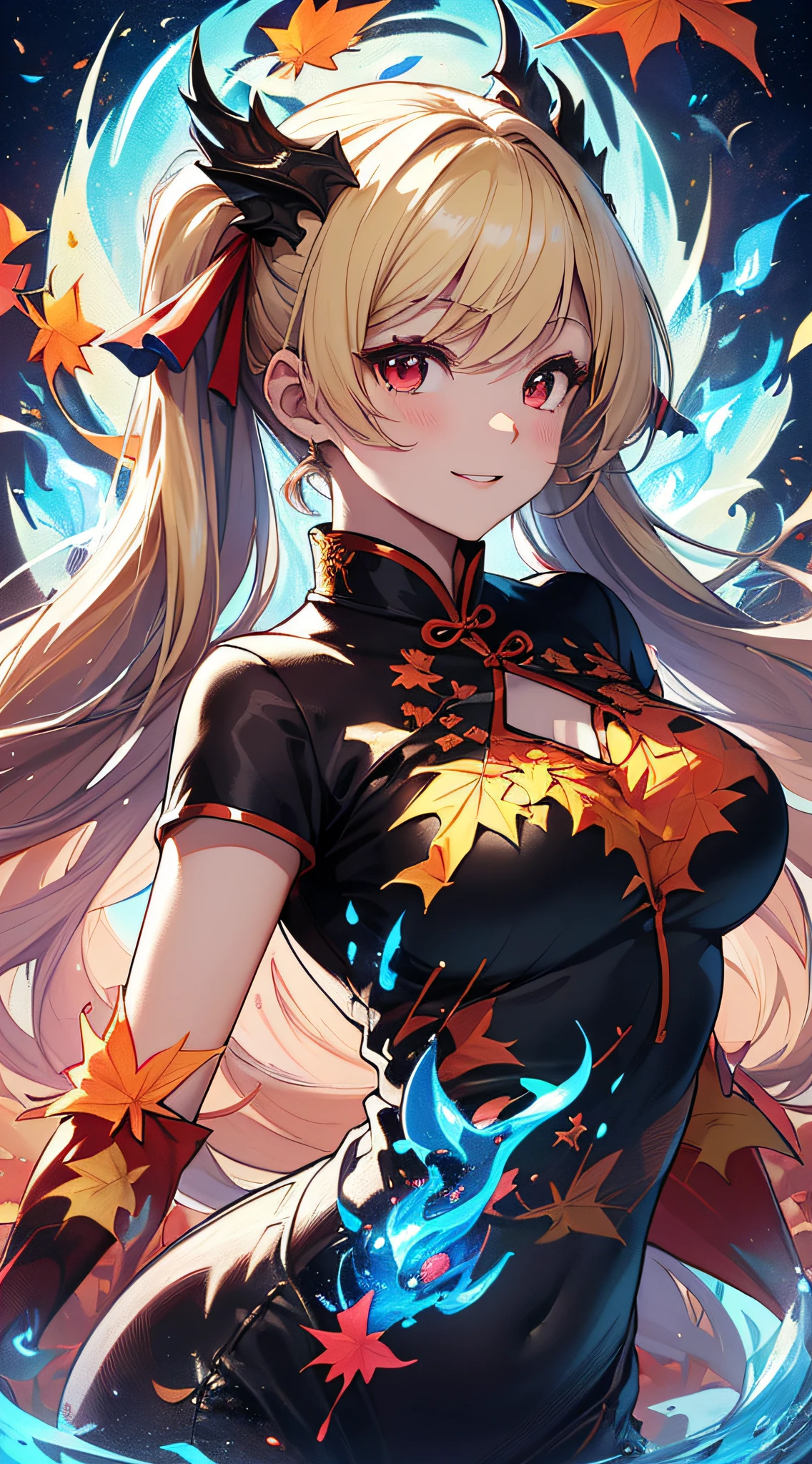 top-quality、Top image quality、masterpiece、girl with((18year old、Black and red cheongsam、Best Bust、Bust 90、Blonde twintails、Red Eyes、open chest wide、Valley、Happiness、A slender、ssmile、Blue aura on both arms、Glass Hair Fastening、Reflecting the whole body、fighting poses))hiquality、Beautiful Art、Background with((Autumn leaves at night、Floating blue fireball、Fantastic world、blue flames、Fire Dragon、red aura))、masutepiece、Elaborate design、visualart、