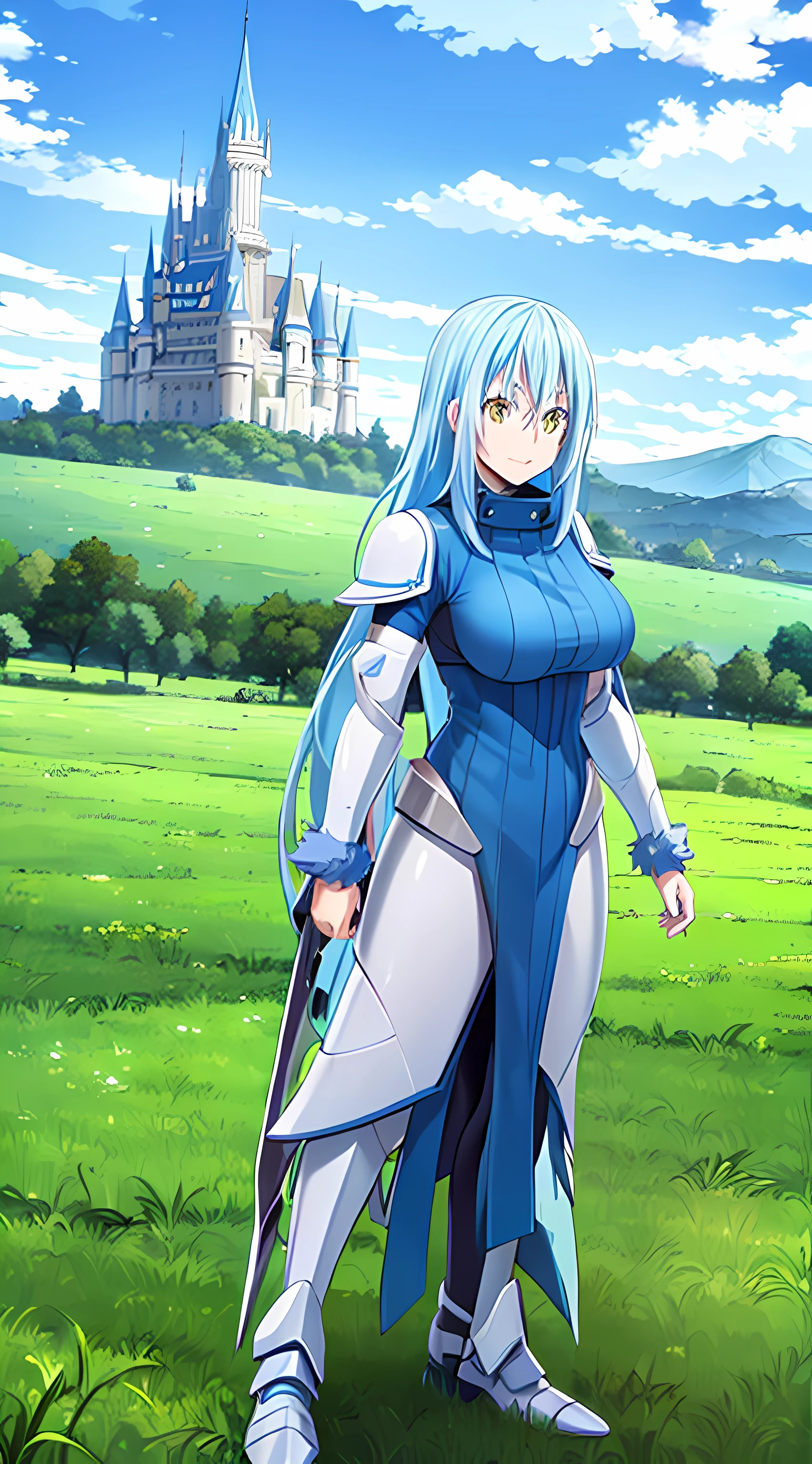 Rimuru tempest, blue hair, yellow eyes, long hair, full body, huge breasts, white knight, white armor, standing, castle background, grass, day, cloud, female, light smile,