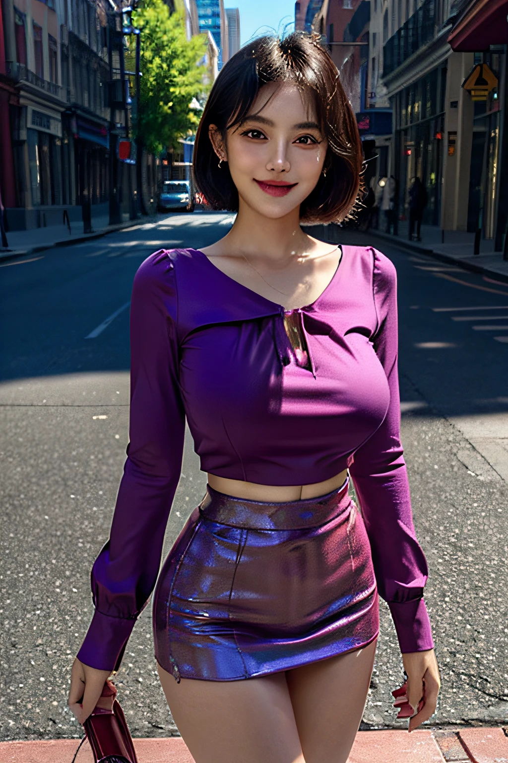 1beautiful woman, Mature, hyperdetailed face, A detailed eye, Double eyelids, Slightly thicker detail lip, short-haired black-haired, (Light purple fancy blouse:1.2), (Red tight mini skirt:1.2), Light pink panties, (Colossal tits:1.3), lightsmile, Cowboy Shot, thighs thighs thighs thighs, Perfect litthing, (Photorealsitic:1.4), (ultra-detailliert), (top-quality), (Best Shadows), (​masterpiece), Ultra High Resolution, Background with: (the city street)