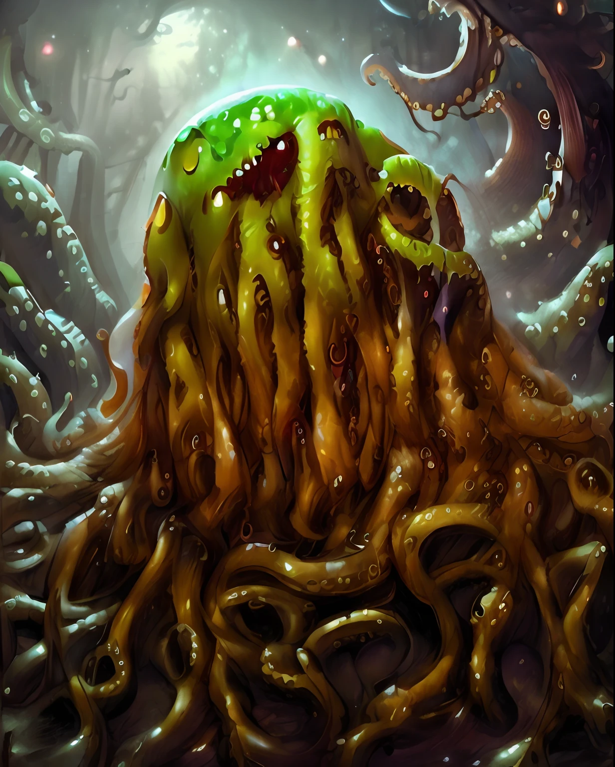 a Slime Yellow with long hair and a hood on, cthulu portrait, looming head, long wispy tentacles, cthulu, portrait of a mind flayer, portrait of cthulhu, tentacles growing from its face, cthulhu, cthulhu rising from the ocean, tentacle monster, covered with tentacles, tentacles around, lovecraft monster, tentaclehorrorai