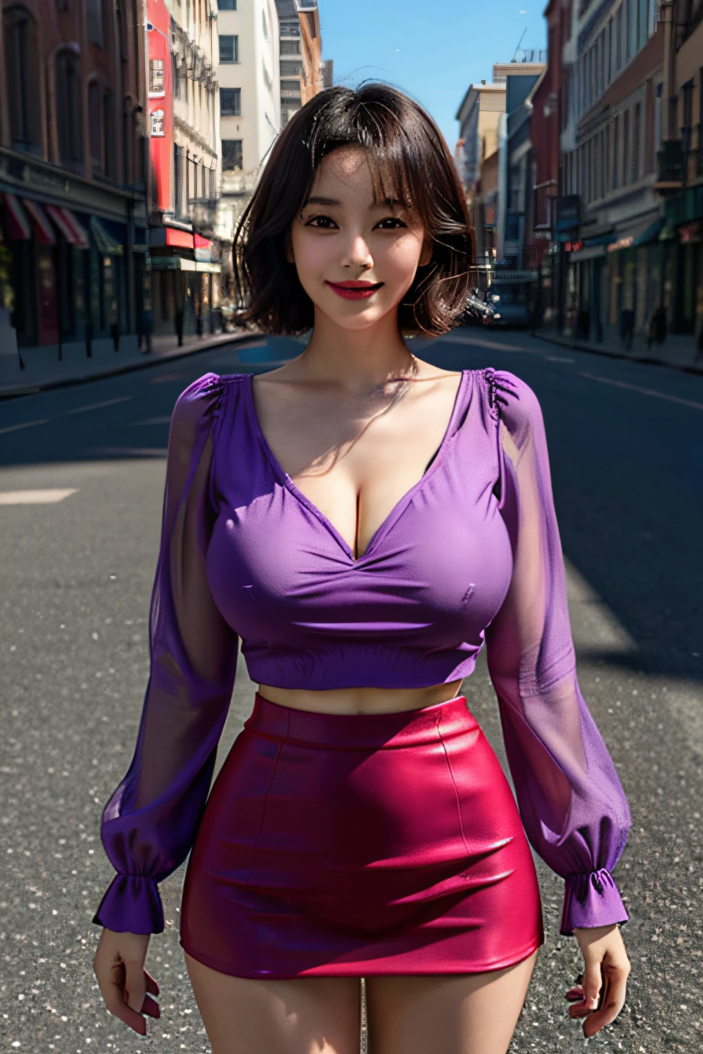 (1 Ultimate Beautiful Mature Woman), hyperdetailed face, A detailed eye, Double eyelids, Detail Lip, short-haired black-haired, (Light purple fancy blouse:1.2), (Red tight mini skirt:1.2), Light pink panties, (Colossal tits:1.3), lightsmile, Cowboy Shot, thighs thighs thighs thighs, Perfect litthing, (Photorealsitic:1.4), (ultra-detailliert), (top-quality), (Best Shadows), (masterpiece), Ultra High Resolution, Background with: (the city street)