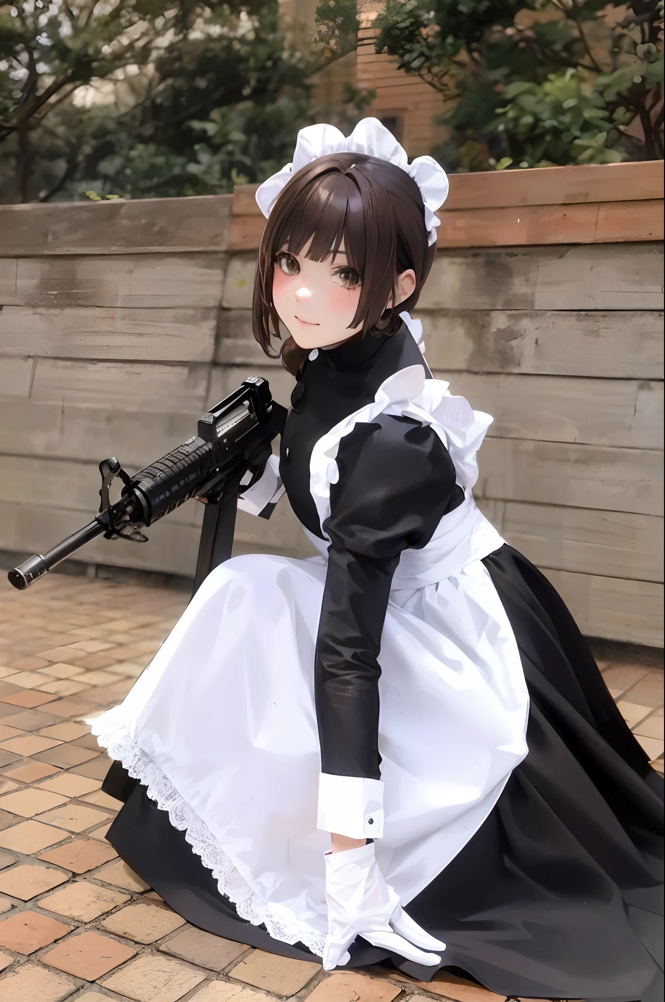 a close up of a woman in a maid outfit holding a gun, (brown hair:1.3), long hair, anime girl in a maid costume, cosplay of a catboy! maid! dress, anime girl cosplay, anime cosplay, maid outfit, full-cosplay, gorgeous maid, cosplay, anime maid ss military, cosplay photo, maid dress, maid, professional cosplay, anime cat girl in a maid costume