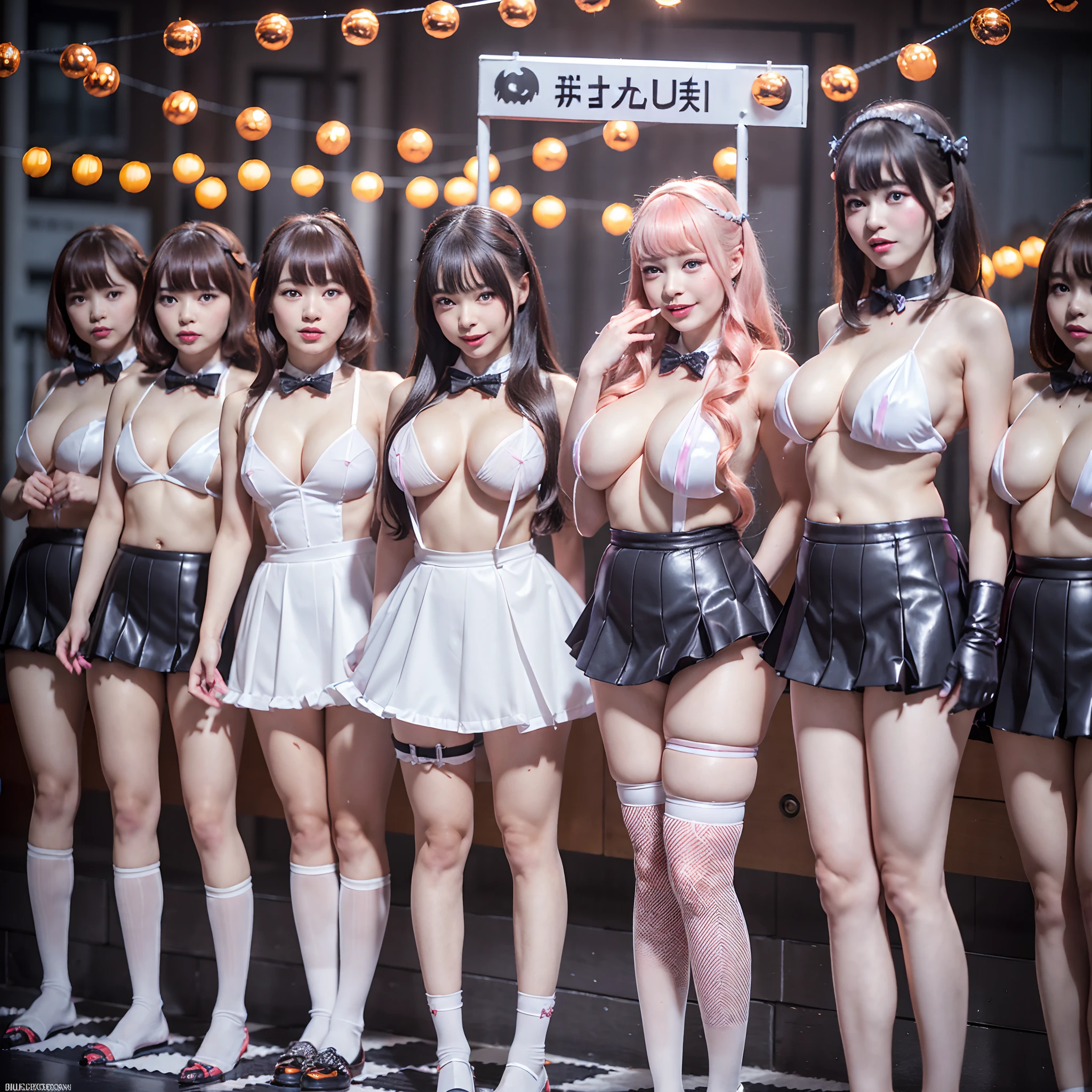 (((12 Tiny Girls in a row:1.37, Shibuya Hachiko-mae scramble crossing on Halloween:1.2))), (masterpiece:1.2, best quality, photorealistic:1.37), {(Standing Full Body:1.2)|(from below:1.2)}, short silver hair, {(naked bandage)|tutu|School Uniform}, (Detailed KAWAII face, Detailed Oily Porcelain skin), {(Passerby girls)| halloween| neon}, {(Childish:1.2|Gigantic Cleavage:1.37|Underboob:1.2)}, {flower wreath|Red leather high collar}, {Floating hair|Strong wind|Ass focus},{:p|:d|laugh|sparkle|joyful|delighted},extremely Detailed,