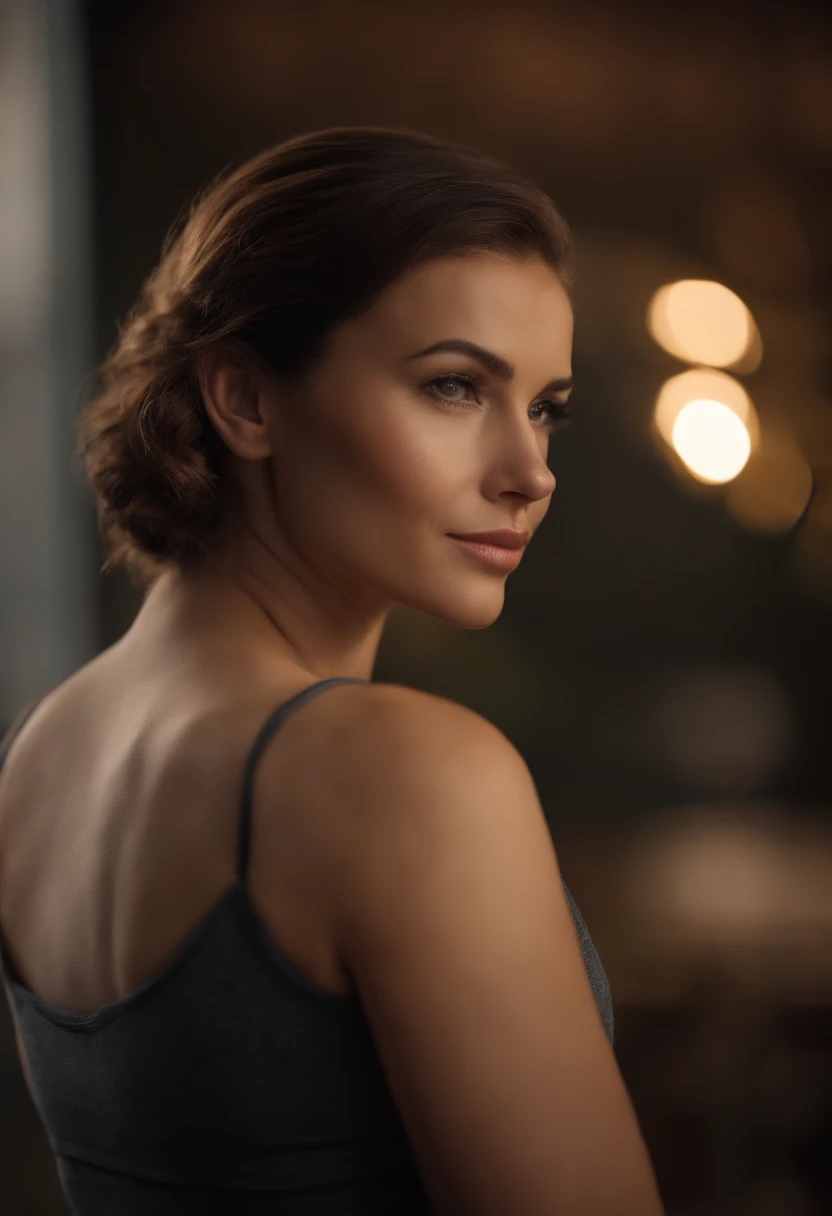 (Close-up, 20yr old,Female brunette hair,Back line,Sports short-sleeved clothes), ((Only the back is visible)),Ultra photo realsisim ,Lifelike texture, Dramatic lighting , cine still 800