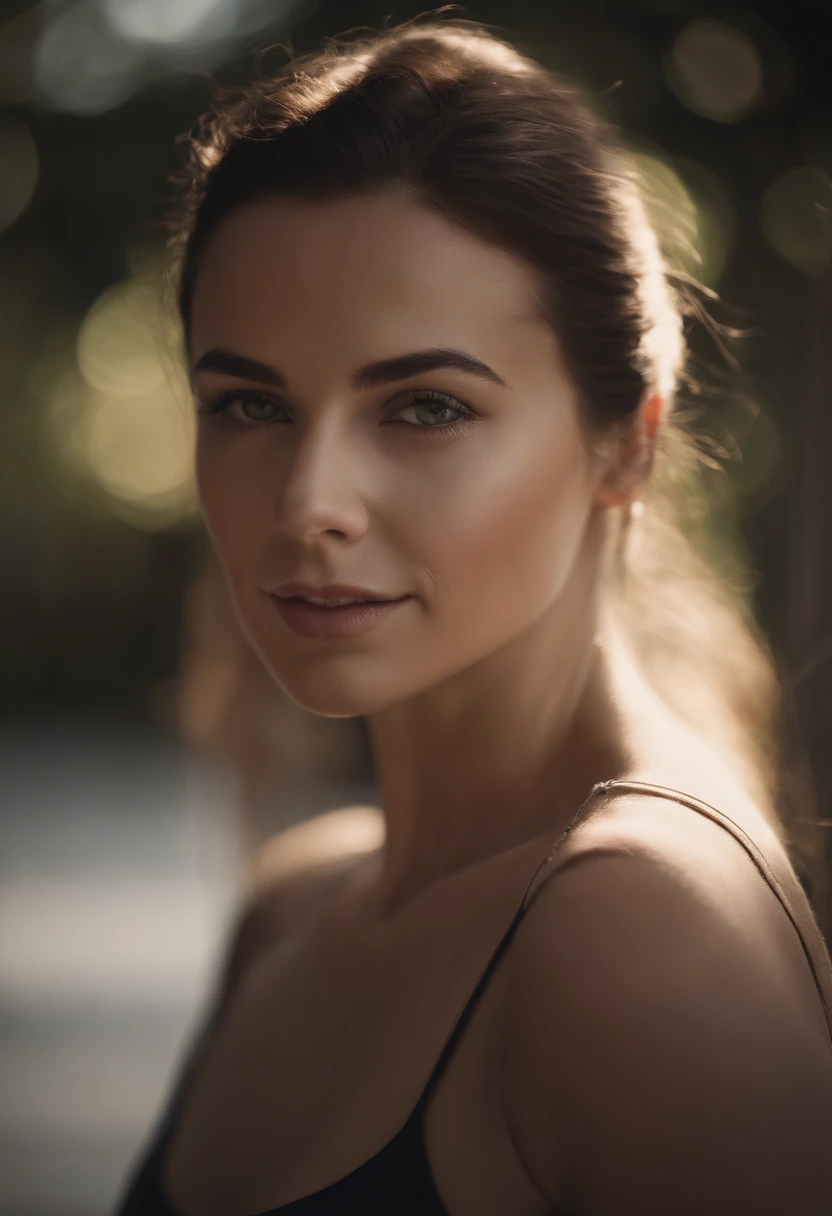 (Close-up, 20yr old,Female brunette hair,Back line,Sports short-sleeved clothes), ((Only the back is visible)),Ultra photo realsisim ,Lifelike texture, Dramatic lighting , cine still 800