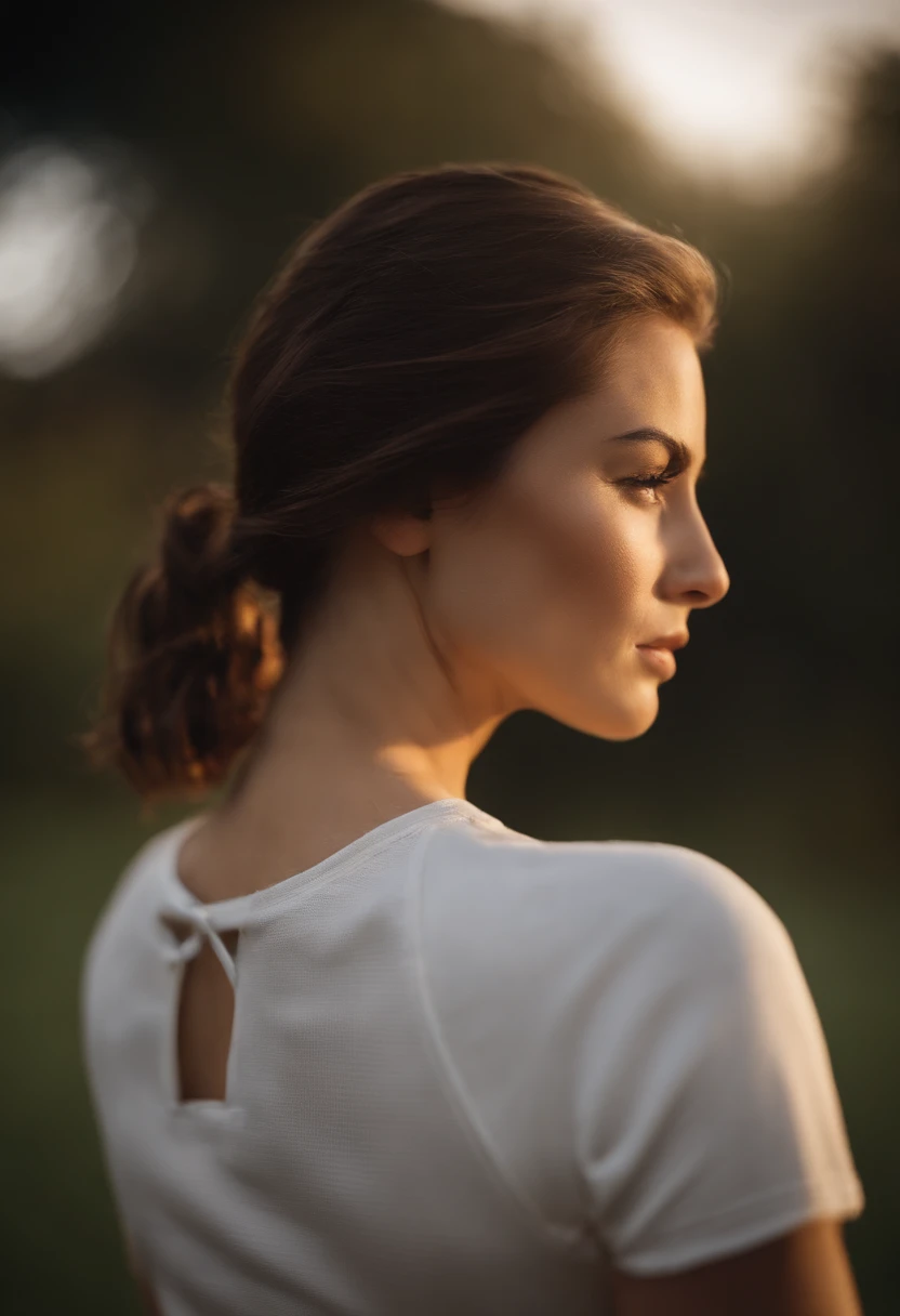 (Close-up, 20yr old,Female brunette hair,Back line,Sports short-sleeved clothes), ((Only the back is visible)),Ultra photo realsisim ,Lifelike texture, Dramatic lighting , cine still 800