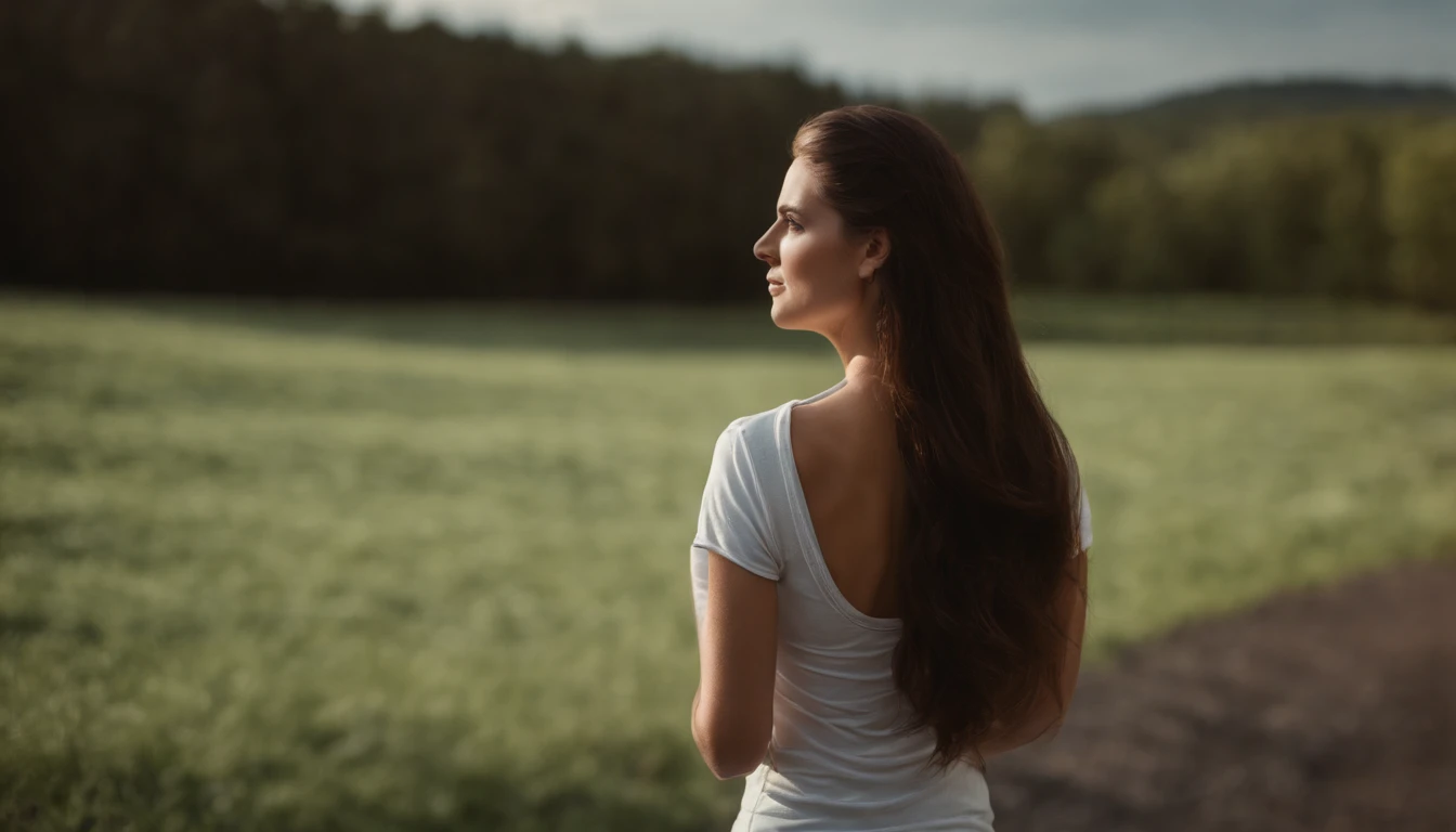 (Close-up, 20yr old,Female brunette hair,Back line,Sports short-sleeved clothes), ((Only the back is visible)),Ultra photo realsisim ,Lifelike texture, Dramatic lighting , cine still 800