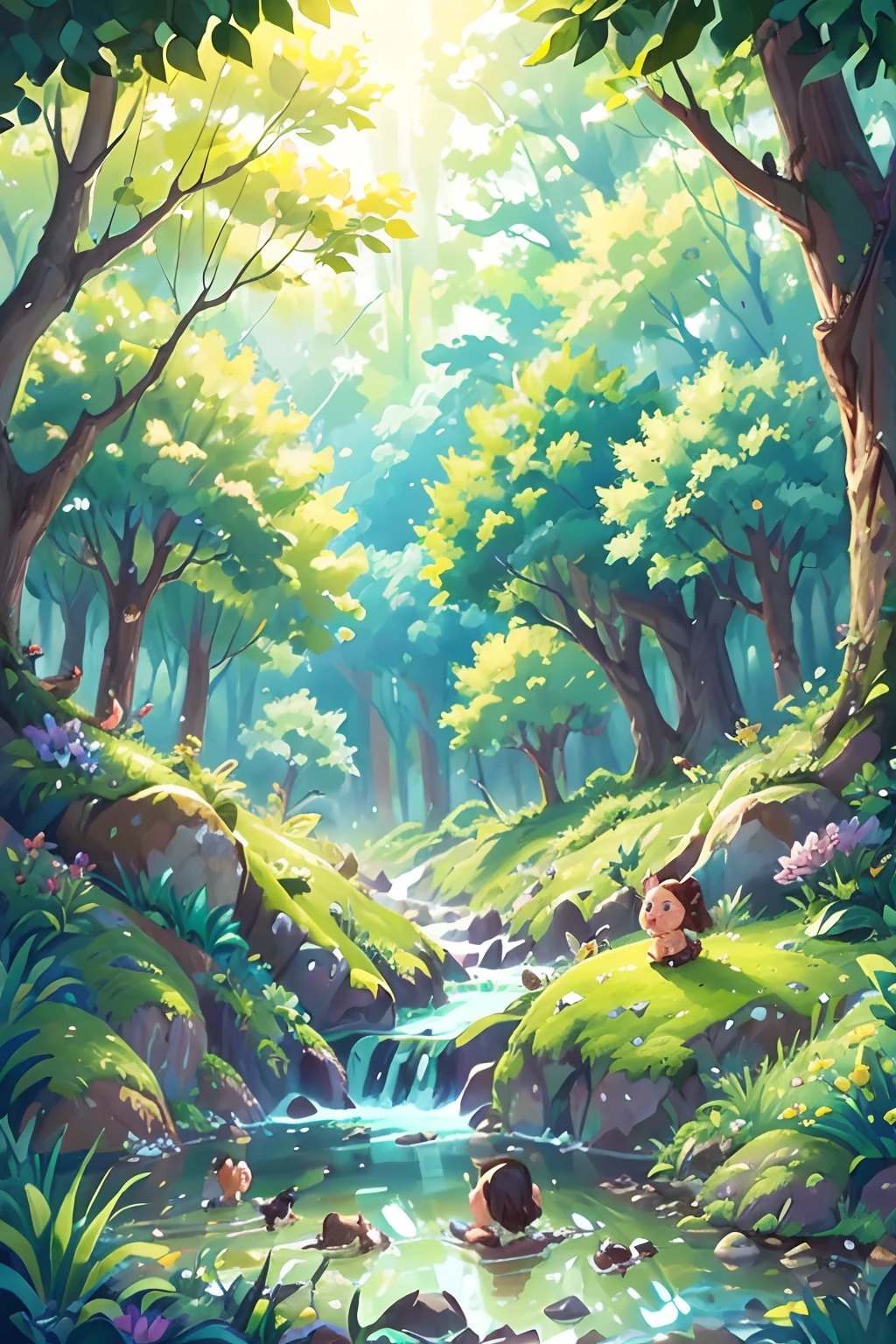 (a forest crossed by a river,flowers,swallows in the sky,spring,children playing), oil painting, ultra-detailed, vivid colors, realistic lighting, landscape, birds chirping, sunlight filtering through the trees, soft breeze, lush green foliage, sparkling water reflections, vibrant wildflowers, joyful laughter, carefree children's expressions, dynamic brushstrokes, harmonious composition.