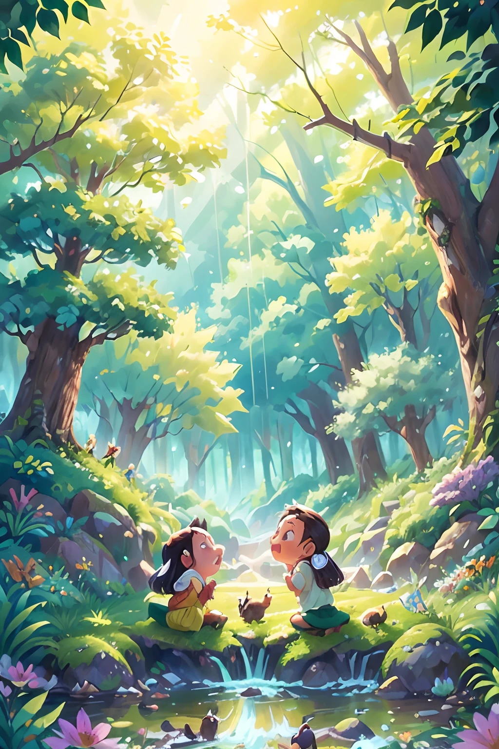 (a forest crossed by a river,flowers,swallows in the sky,spring,children playing), oil painting, ultra-detailed, vivid colors, realistic lighting, landscape, birds chirping, sunlight filtering through the trees, soft breeze, lush green foliage, sparkling water reflections, vibrant wildflowers, joyful laughter, carefree children's expressions, dynamic brushstrokes, harmonious composition.