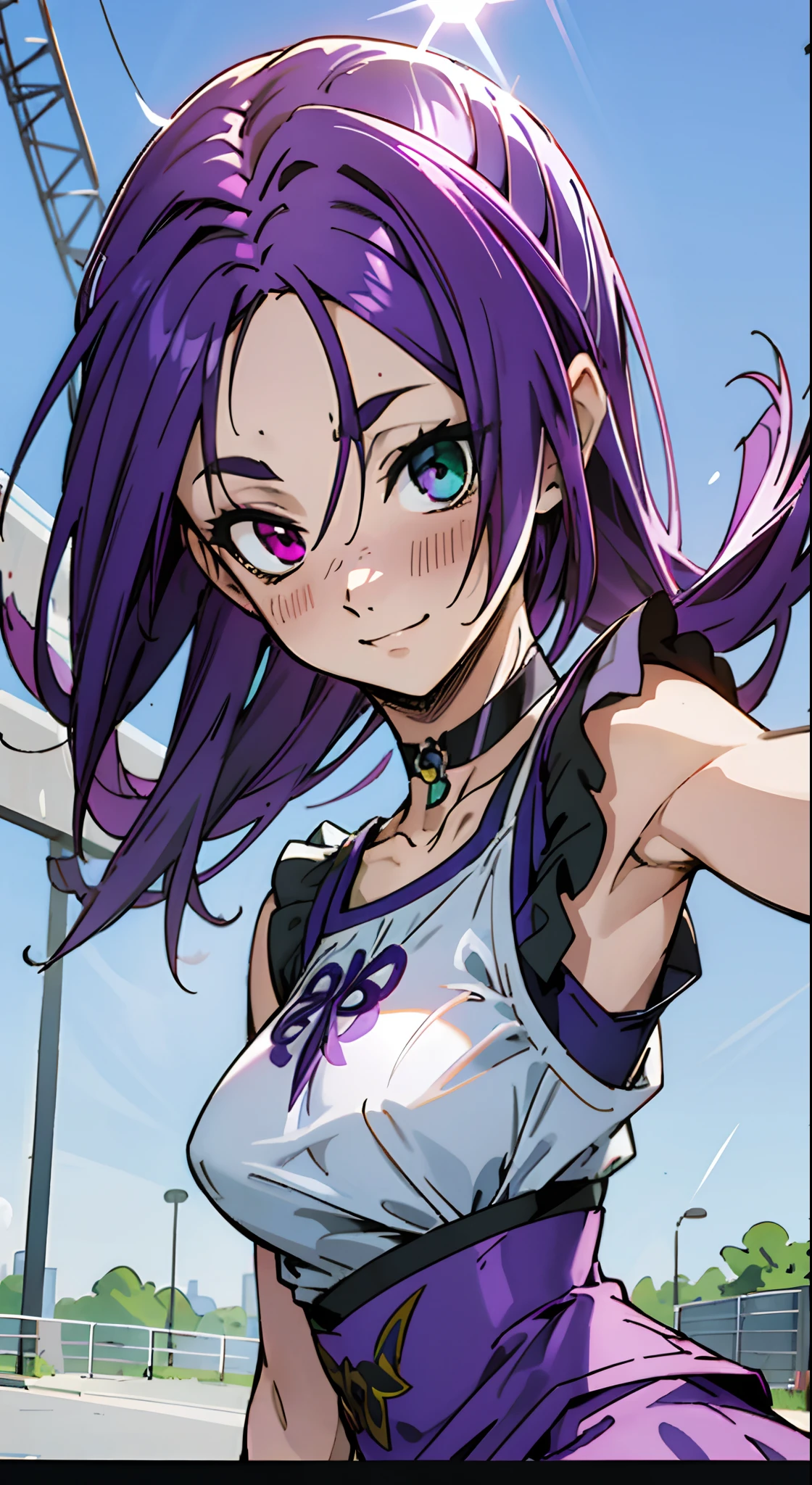 Masterpiece, Best quality, Ultra-detailed, Off-the-shoulder attire, Colorful,take up close, Hyper-detailing,purple color hair, Ultra-realistic hair quality, Vibrant colors, Beautuful Women, Beautiful long hair, Shiny hair, detailed hairs, reo mikage, bluelock, no sleeves, camisole and cheongsam, chinese clothes, chest exposure, lace underwear, the kinky is exposed, choker, black choker, arm warmers, sexy breasts, scar, big breasts, red blush, 1girl, Solo, sharpy face, heterochromia, green eyes, purple eyes, Bare neck, happiness face, rays of sunshine, brautiful sky, shining sky, slum town