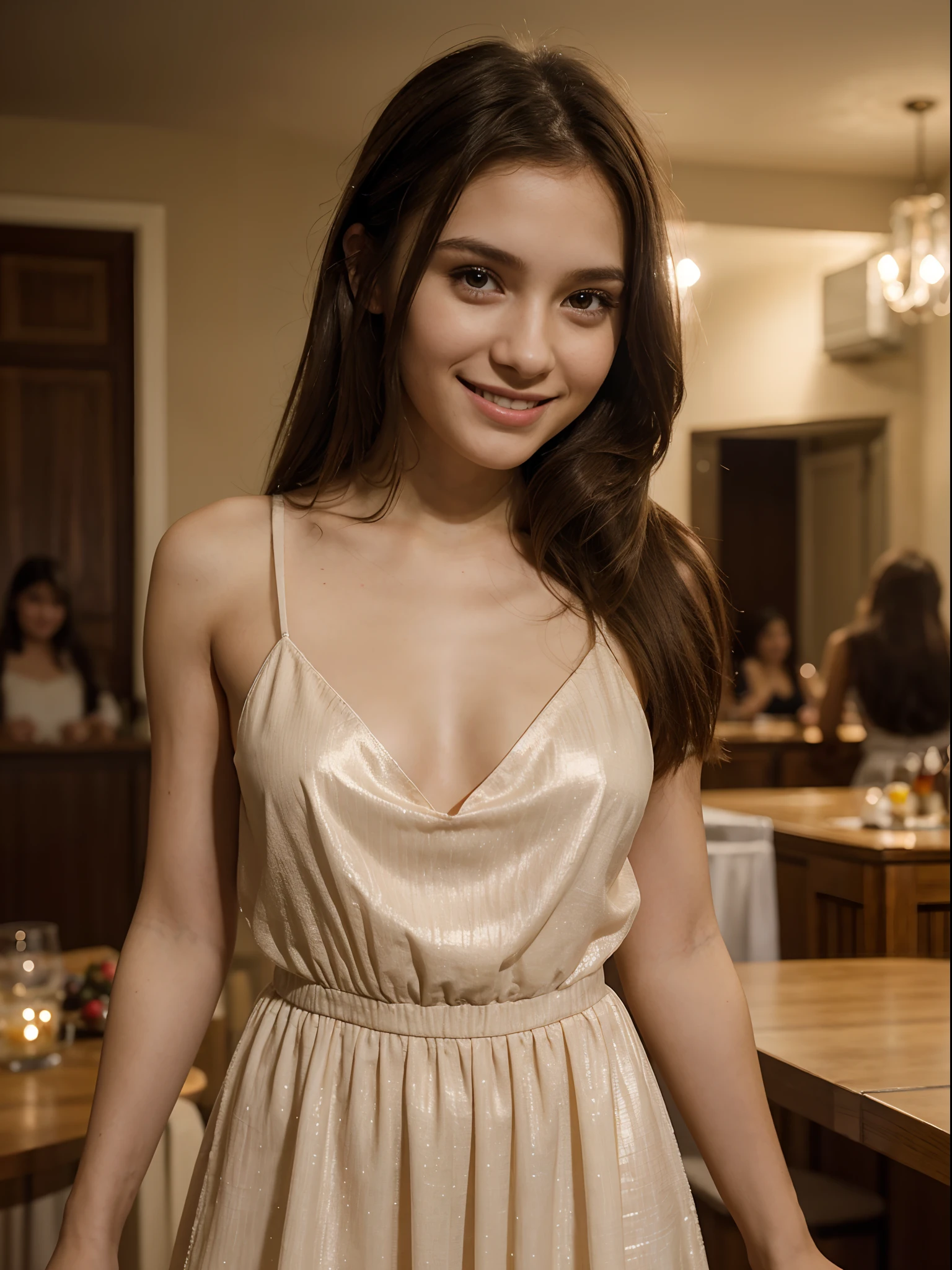 photograph of a small petite girl ,thin, 20 years old , at a party wearing dress , straight brunette hair, hot girl, smiling  , photorealistic, detailed and wide background , natural pose, spectacular lighting,, gorgeous, western, (masterpice), best quality, high resolution, extremely detailed, skin with pores,  cinematic lighting