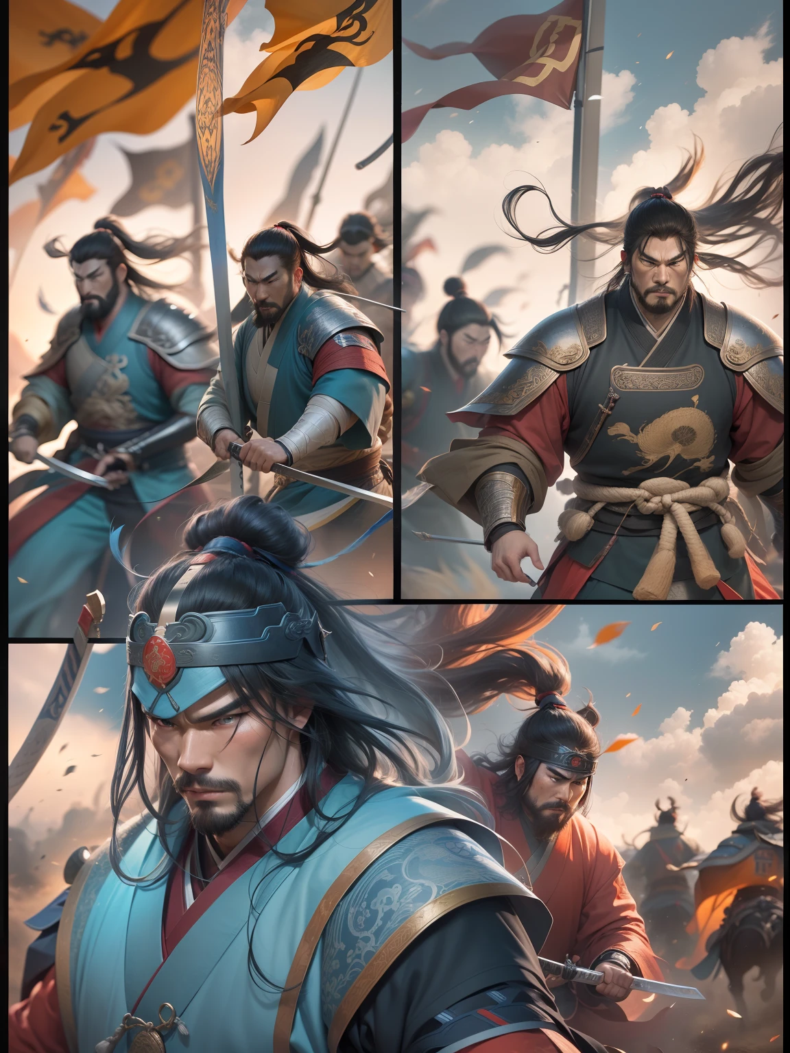 [illustratio，Story split-shots]comic page，There are multiple screens on one page: Chinese male warriors of the Qin Dynasty, A cold face，Symmetrical body, Bloody battle robes，Armed with a blue-edged sword，standing in the wind（Side half close-up）。The battle flag is skewed，War is everywhere，Enemies in the distance are rushing towards him（bblurry，Faraway view）。[Multi-camera continuous shooting]:Ultra-wide angle, Cinema lenses,Motion capture, Chiaroscuro, Depth of field 1.8，The protagonist is focused，Cinema lenses，Zao Wou-Ki style