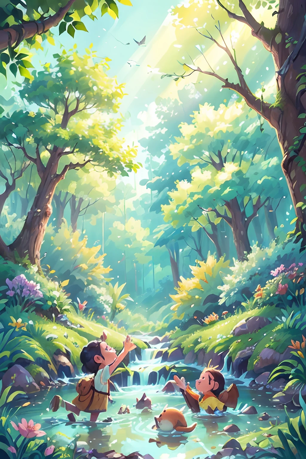 (a forest crossed by a river,flowers,swallows in the sky,spring,children playing), oil painting, ultra-detailed, vivid colors, realistic lighting, landscape, birds chirping, sunlight filtering through the trees, soft breeze, lush green foliage, sparkling water reflections, vibrant wildflowers, joyful laughter, carefree children's expressions, dynamic brushstrokes, harmonious composition.