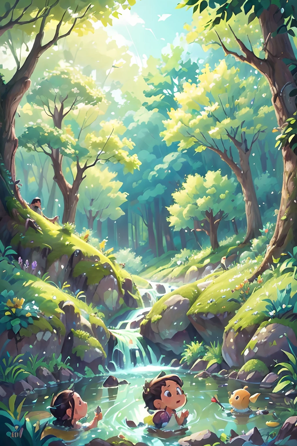 (a forest crossed by a river,flowers,swallows in the sky,spring,children playing), oil painting, ultra-detailed, vivid colors, realistic lighting, landscape, birds chirping, sunlight filtering through the trees, soft breeze, lush green foliage, sparkling water reflections, vibrant wildflowers, joyful laughter, carefree children's expressions, dynamic brushstrokes, harmonious composition.
