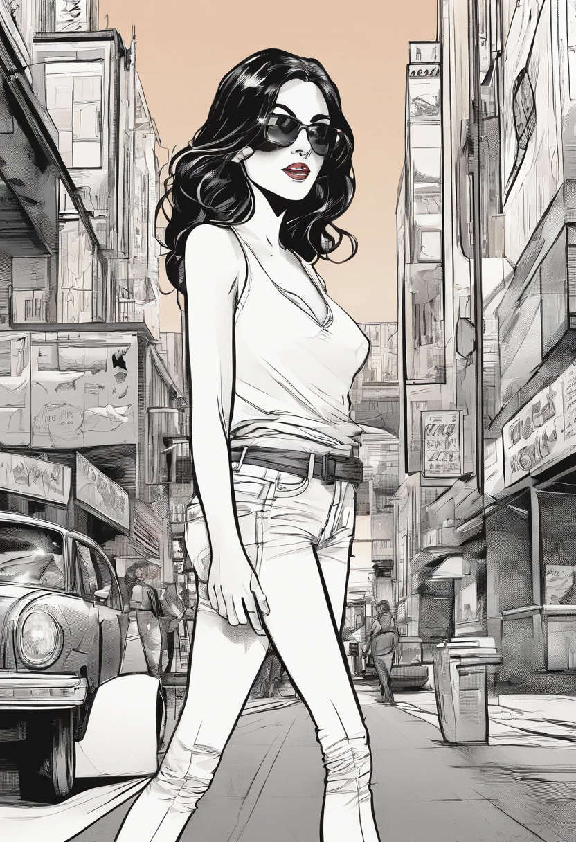 Sexy Frau, DUNKLES Haar, white crop top, Spaltung, Bluejeans, on the street, on all fours