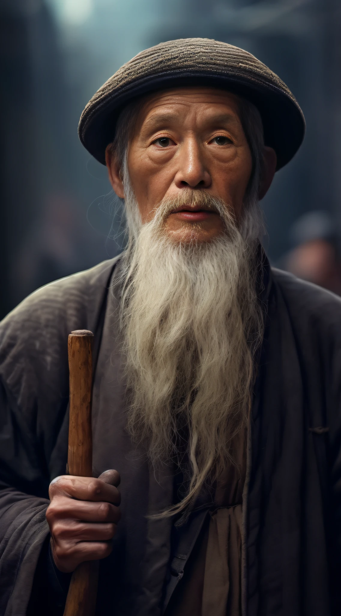 with a long beard,An Arafeld man wearing a hat with a stick, An old man, old man portrait, sharp looking portrait, peaceful expression, Wise old man, stunning portrait, Beautiful portrait, portrait photo of an old man, old man, a old man, Serene expression, portrait of monk, of an old man, Portrait of an old man, Perfectly centered portrait