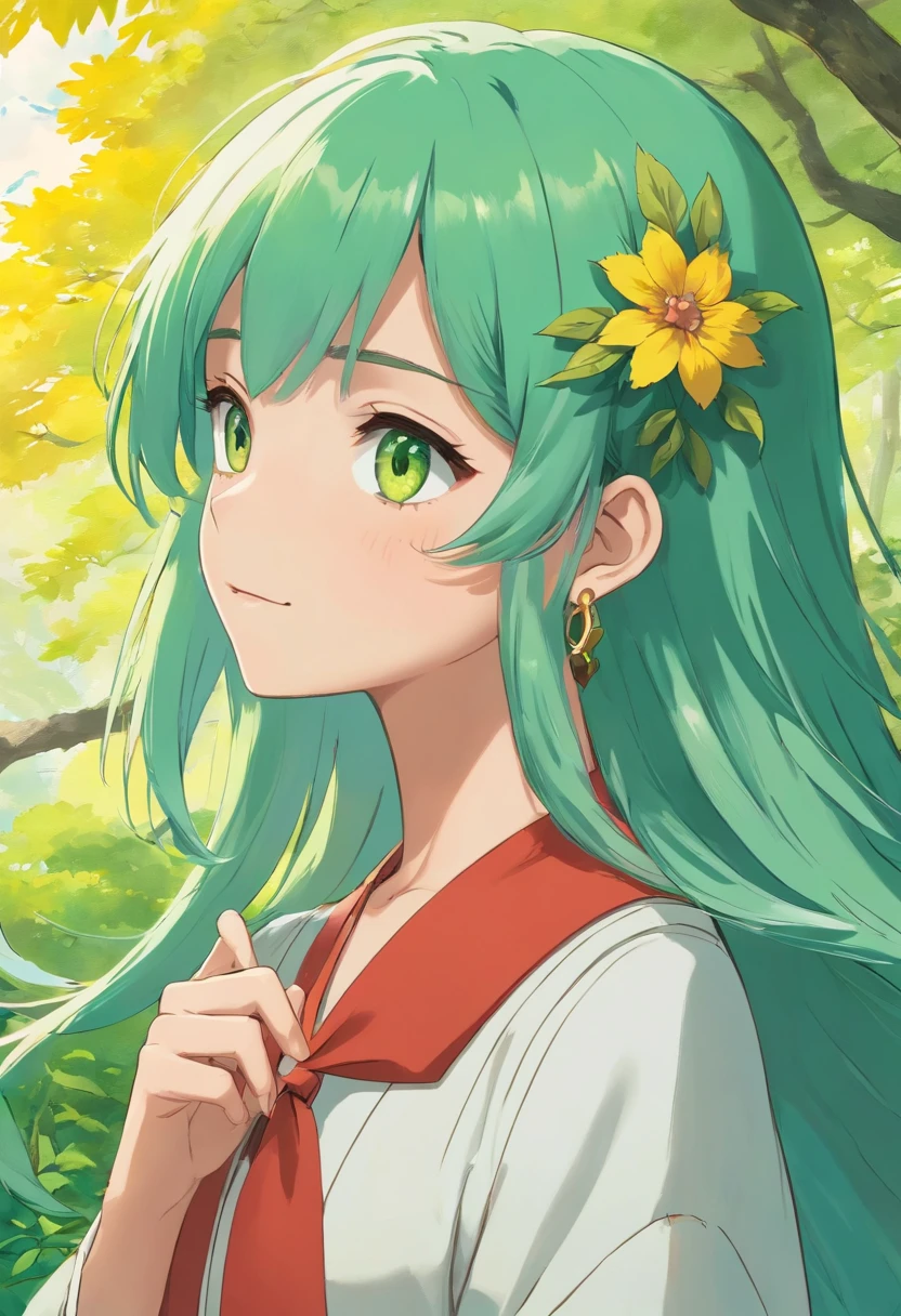 A girl with green hair，A girl with golden eyes，Green hair，Golden eyes，Golden pupils，A girl wearing an anime collar, A long necklace and earrings, inthe style of tranquil gardenscapes, colorful animation stills, Masami Teraoka, aquamarine, Paul Gauguin, Amber style, Honest portrayal