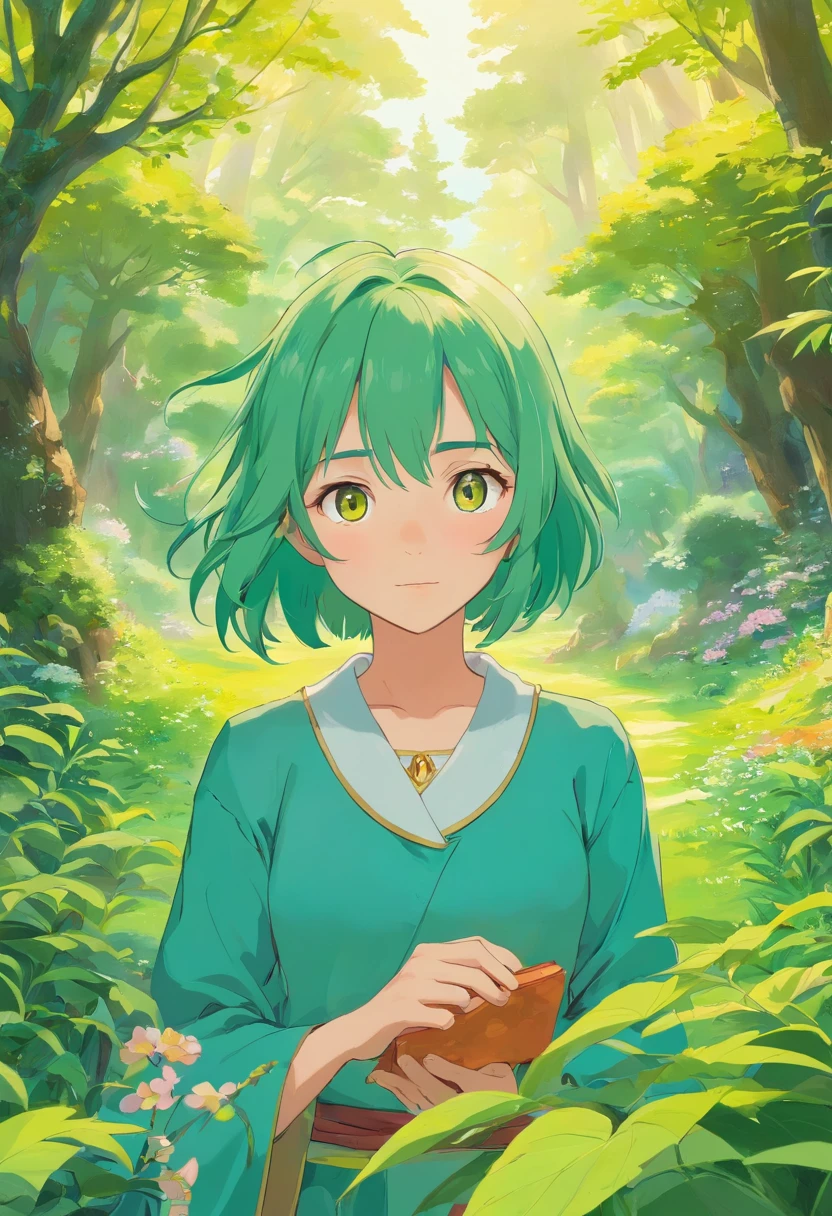 A girl with green hair，A girl with golden eyes，Green hair，Golden eyes，Golden pupils，A girl wearing an anime collar, A long necklace and earrings, inthe style of tranquil gardenscapes, colorful animation stills, Masami Teraoka, aquamarine, Paul Gauguin, Amber style, Honest portrayal