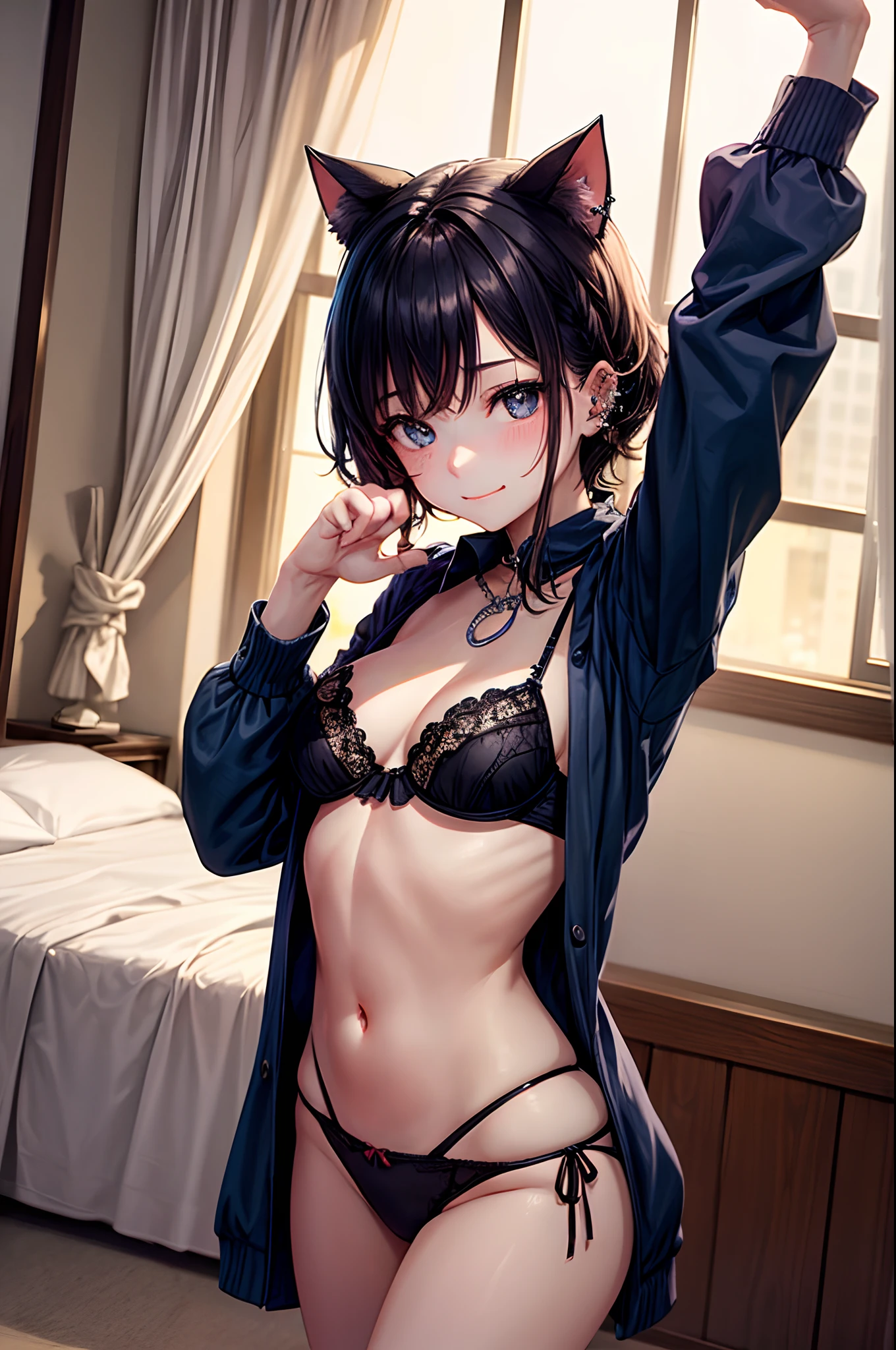 realisitic、top-quality、 1 人、18year old、Fancy Color Hair、piercings、Shy face、Fancy underwear、beautiful boob 、selfee、Nyan Nyan Pose、hotels room、Particles of light、profetional lighting