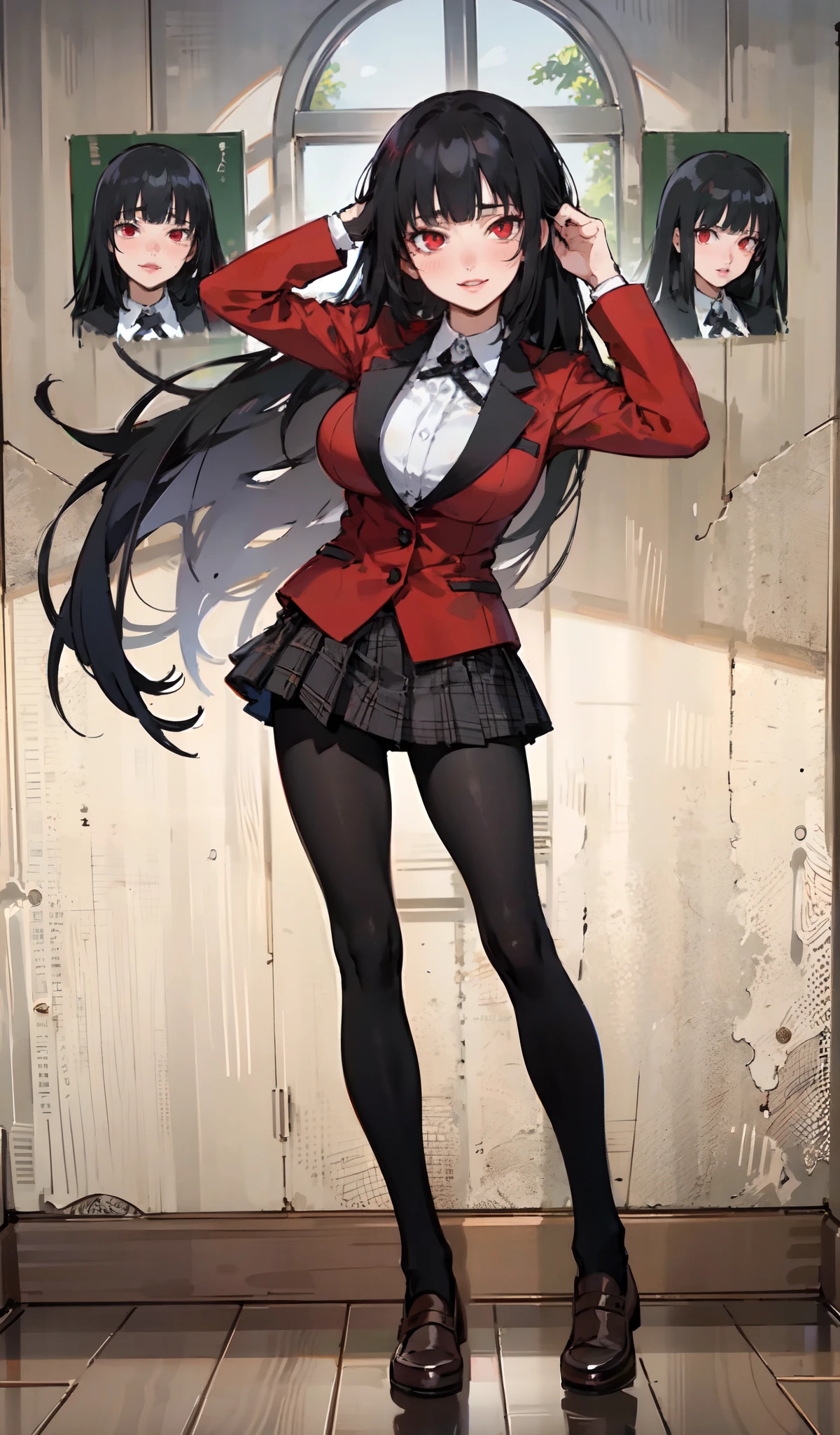 masterpiece, best quality, 8k tray tracing, 1girl, full body, sexy pose, black plaid skirt, red blazer, pantyhose, red eyes, long black hair, hands on head, background large window and decorated wall