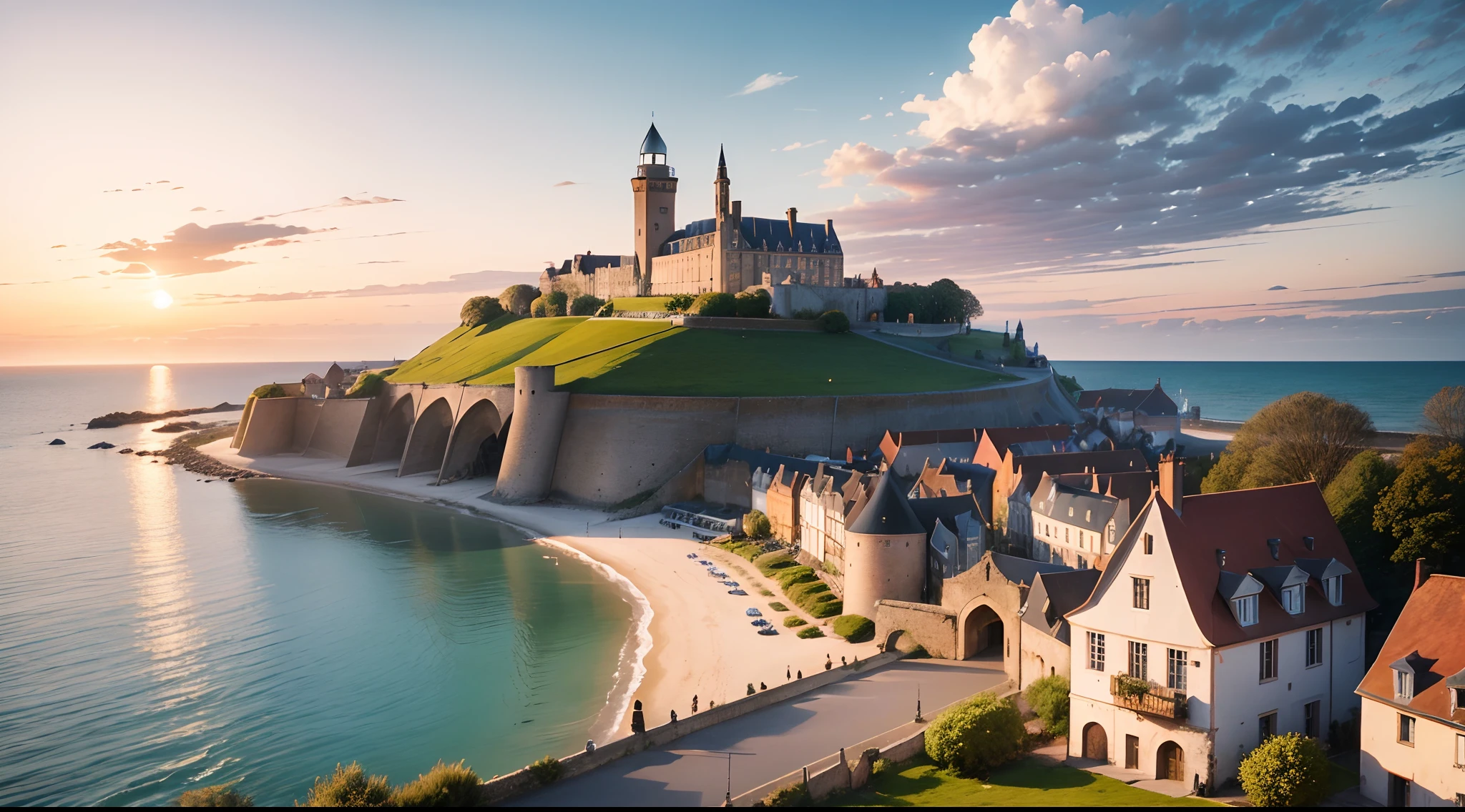 Dieppe, medium town built in North France shore and French style, is on the shore facing medium wave, coastal, next to English channel, town hall in the middle, 1 vulgar inn with well, 2 small taverns, commercial aura, textiles industry in the town, 1dock near the shore, 2 wooden sophisticated shops, 1 medieval market, age of exploration style, beautiful sunset scenery, temperate climate town, few Green trees, farm outside the town, mixture of agricultural and commercial society, medium and middle and diversified 18 mansions some near some faraway with stone road situated on shore in the image, 1 lighthouses on the seashore big rock in the image, 1 castle on a hill in the middle of image, middle medieval walls and middle gate surrounding the town, middle plaza, big scale,big size, landscape, beautiful sky, 16th century, age of exploration, renaissance, Maritime, merchantile, Fortified