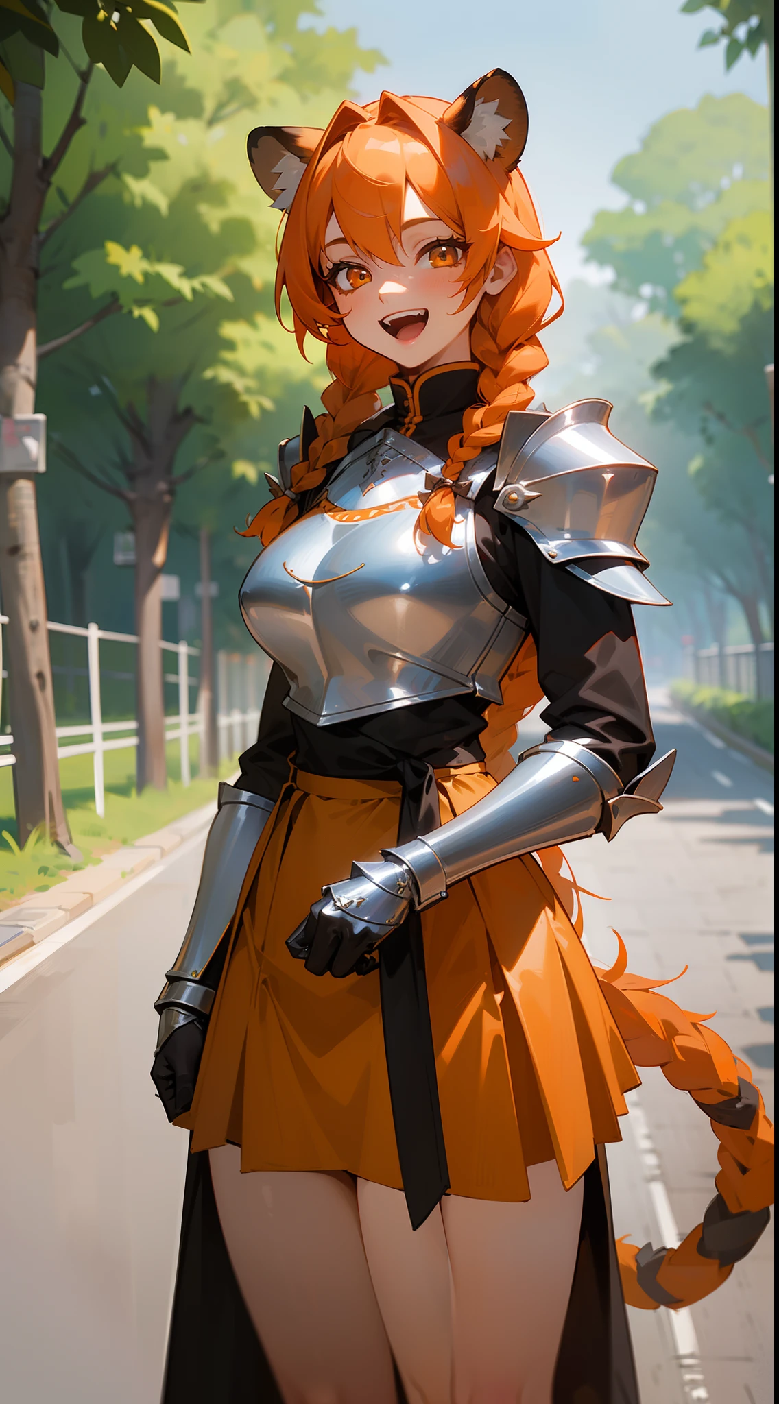 1girl,30s,tall,mature female,tiger tail,tiger ears,(twin braids:1.2),orange hair,long hair,solo,(templar silver knight outfit,knight,orange long knight skirt),happy face,smile,open mouth,((standing in a road)),medium breasts,large thighs,hd,masterpiece,8k,cowboy shot,hidden arms