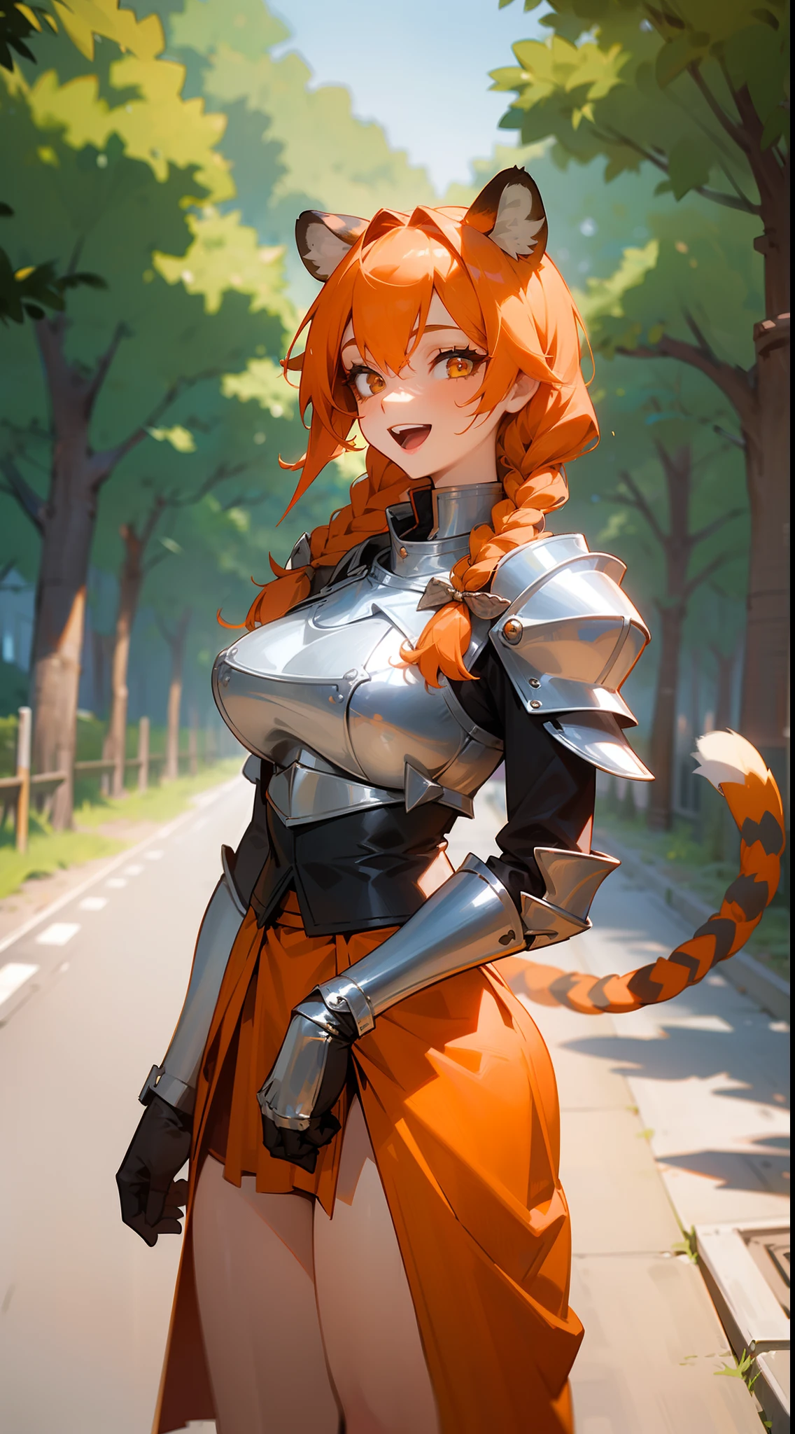 1girl,30s,tall,mature female,tiger tail,tiger ears,(twin braids:1.2),orange hair,solo,(templar silver knight outfit,knight,golden long chainmail skirt),happy face,smile,closed mouth,teeth,((standing in a road)),medium breasts,large thighs,hd,masterpiece,8k,cowboy shot,hidden arms