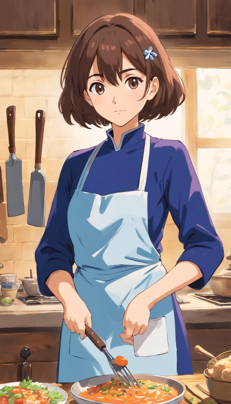 anciana, (pecho enorme: 1.4), brown hair, ropa y delantal azul, Aunt's Look,Front view,Holding the spatula,Cara estricta.