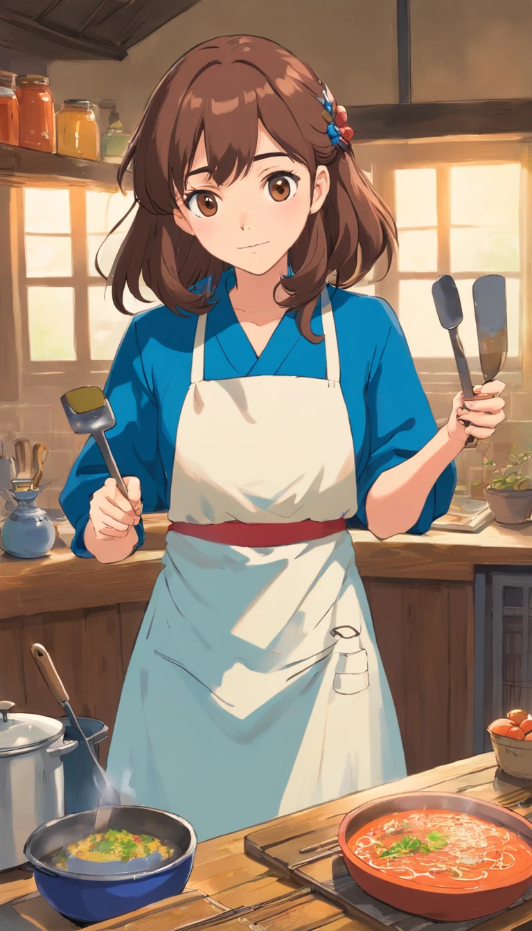 anciana, (pecho enorme: 1.4), brown hair, ropa y delantal azul, Aunt's Look,Front view,Holding the spatula,Cara estricta.