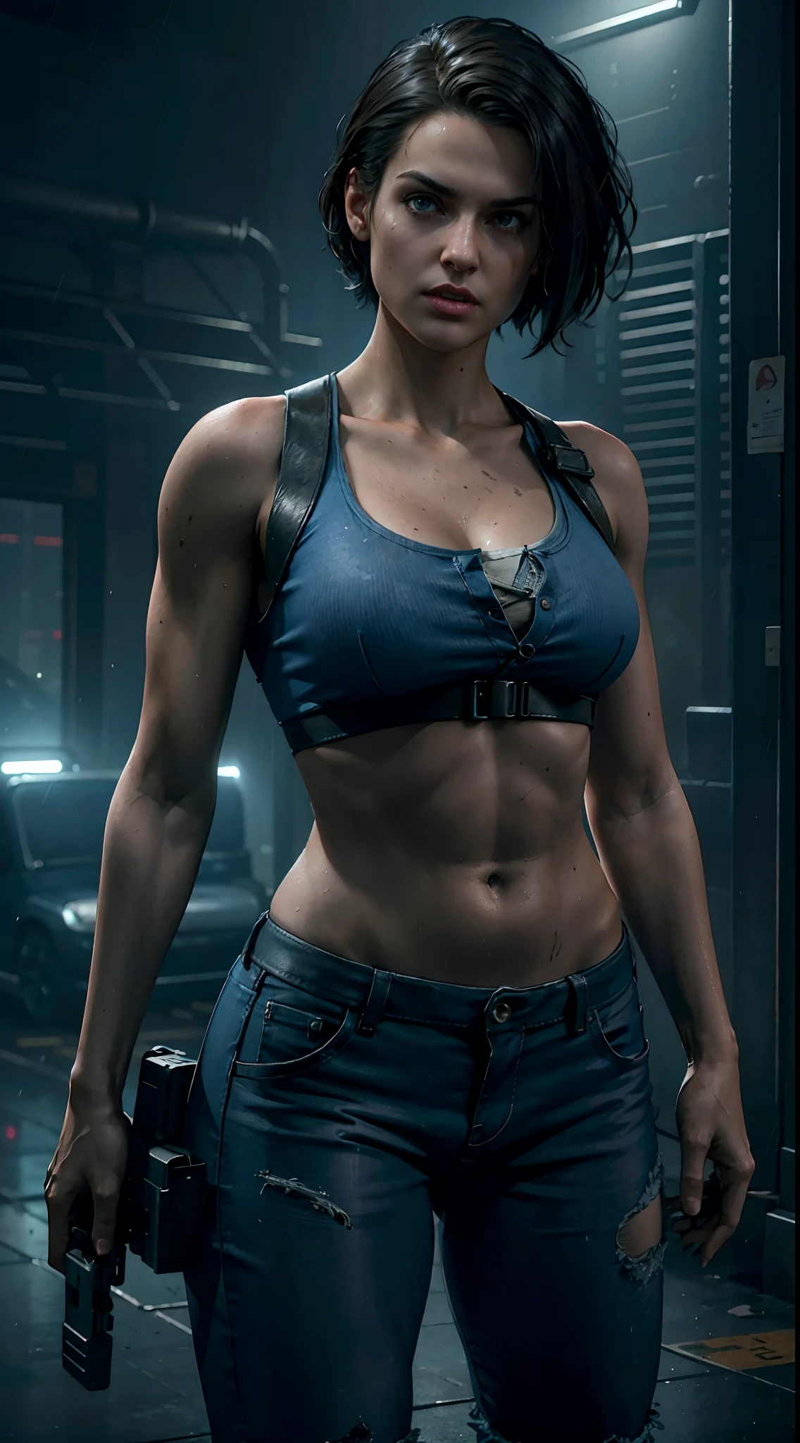 1girl, cowboy shot of zotovalentine,zombie apocalypse,perfect belly,slim waist,wide hips,holding a pistol,blue tank top,black pants, athletic,raccoon city,Resident Evil, Dead rising,rain, volumetric lighting, best quality, masterpiece, intricate details, tonemapping, sharp focus, hyper detailed, trending on Artstation, realistic,