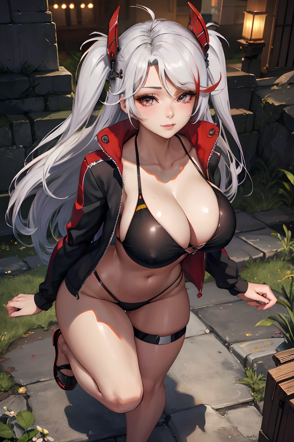 PrinzV4, 1girl, Solo, Long hair, White hair, Red hair, multicolored hair, striated hair, cleavage， breasts, Large breasts, underboob, cute ass，Lie on the ground，Looking at Viewer, Poses that emphasize breasts, Navel,  Bikini swimwear, Black swimsuit, Open jacket, Black jacket, Headgear, blushing, smile, smiling, beautiful detailed eyes, beautiful detailed girl, curvy:1.1, dynamic pose, fashion clothing with diverse colors, full body, (full body shot:1.1), looking at viewer, perfect eyes, perfect face, perfect retina, seductive look, sexy pose, ultra detail face, ultra detail hair, very detailed eyes and face, 8k wallpaper, amazing, ambient occlusion, best quality, CG, cinematic lighting, detailed painting, field of view, fine detail, fluid motion, harmony, (High Quality:1.4), high resolution, huge file size, illustration, interconnected elements, Intricate Details, masterpiece , movie lighting, photorealistic lighting, (photorealistic:1.4), professional artwork, (raw photo:1.2), realistic shadows, reflective art, sharp focus, solo, super detailed, unified, very detailed, (vibrant colors:1.05), vivid lighting, warm and cool color palette,