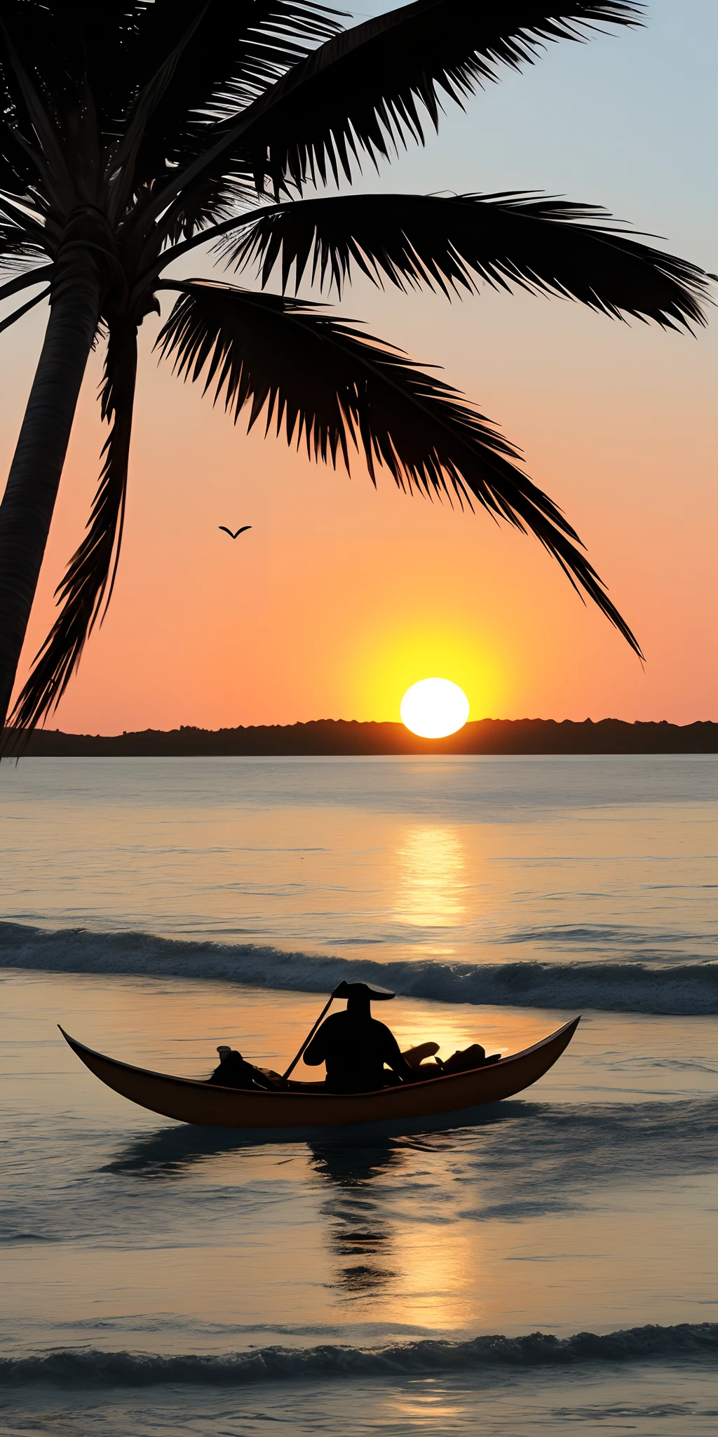 Circular logo design, hombre navegando em canoa, sol rojo, atardecer color rosa, aves, palmeras,