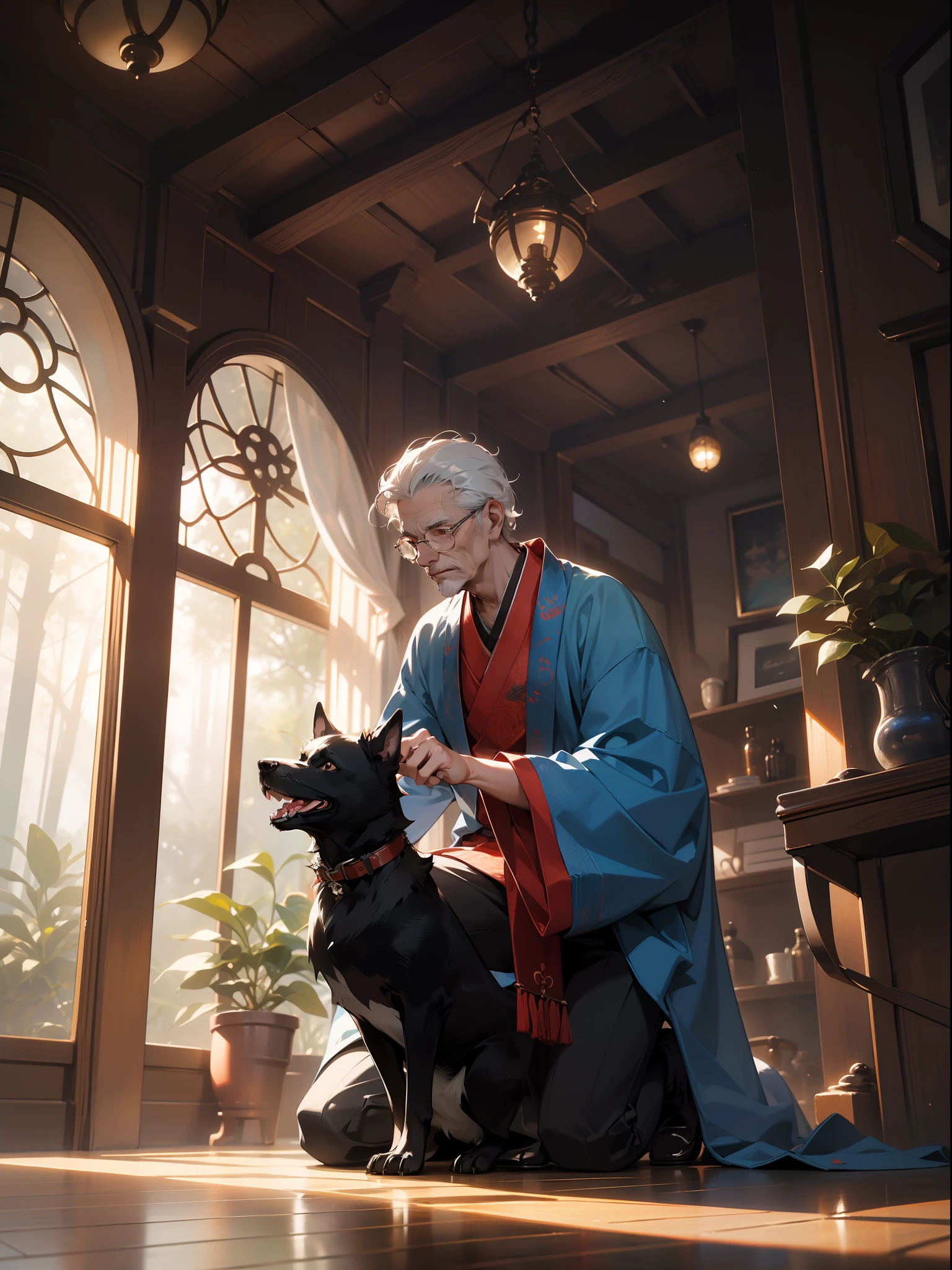 An elderly man, Kneel on the ground in the forest, wearing a hanfu, He was followed by a dog, Curly hair, Chiaroscuro, vanishing point, hyper HD, Best quality, A high resolution, 1080p, ccurate