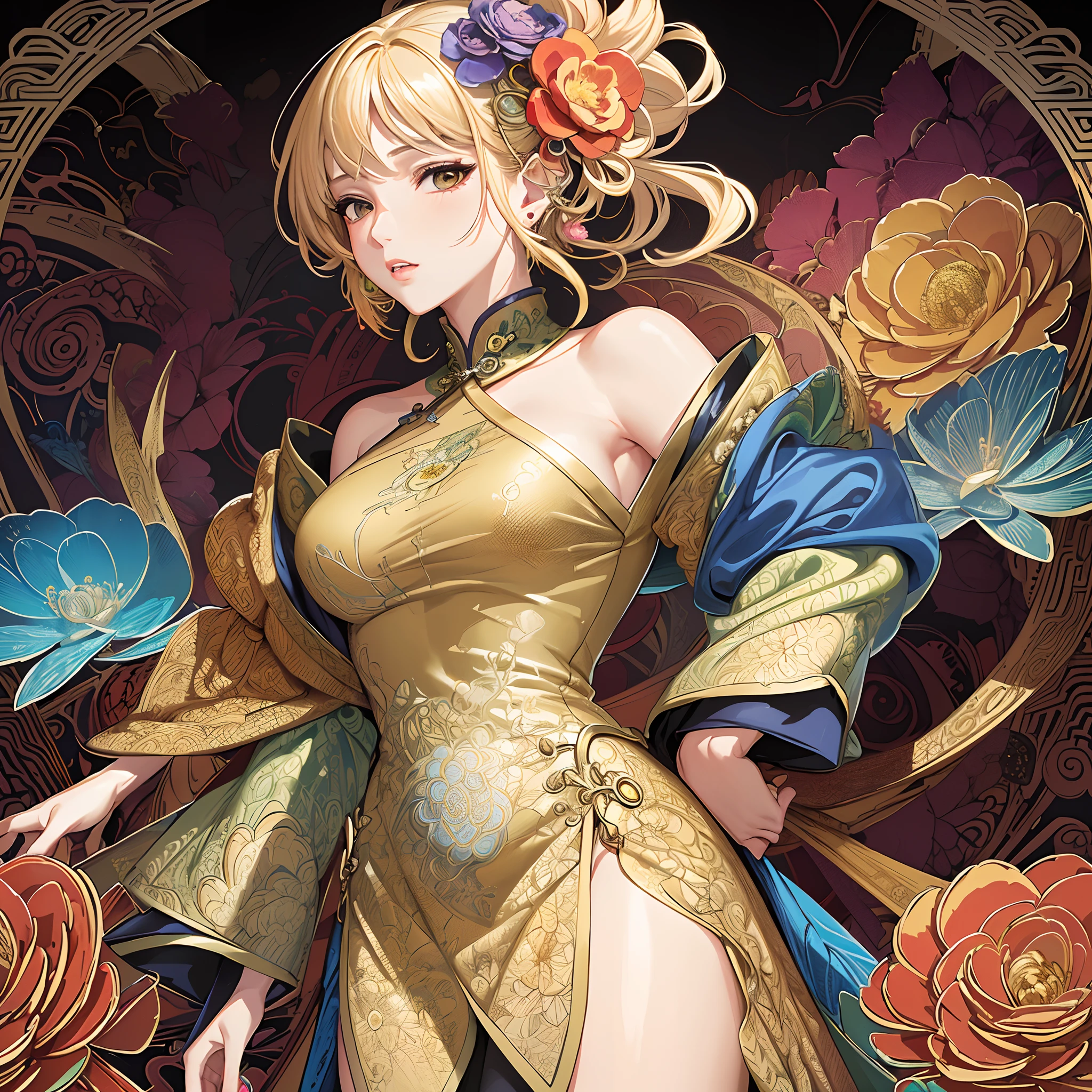 (masterpiece, top quality, best quality, official art, beautiful and aesthetic: 1.2), (1girl:1.3), extremely detailed, blonde,(fractal art:1.1),(colorful:1.1)(flowers:1.3),more detailed,( zentangle:1.2), (dynamic posture), (abstract background:1.3), (Chinese dress:1.2), (shiny skin), (many colors:1.4), ,(earrings:1.4),