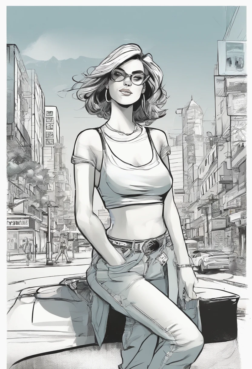 sexy frau, DUNKLES Haar, white crop top, Spaltung, Bluejeans, on the street, auf allen Vieren, one strap off the shoulder