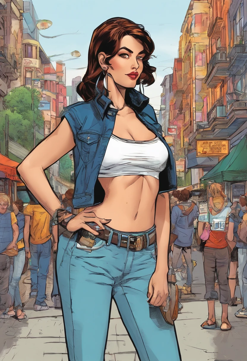 the sexy girl at the fair, long brown hair, small breasts, tight miniskirt, cleavage, white shirt, see-through, belt, very sexy, lascivious,(art inspired in Bill Sienkiewicz). oil painting)