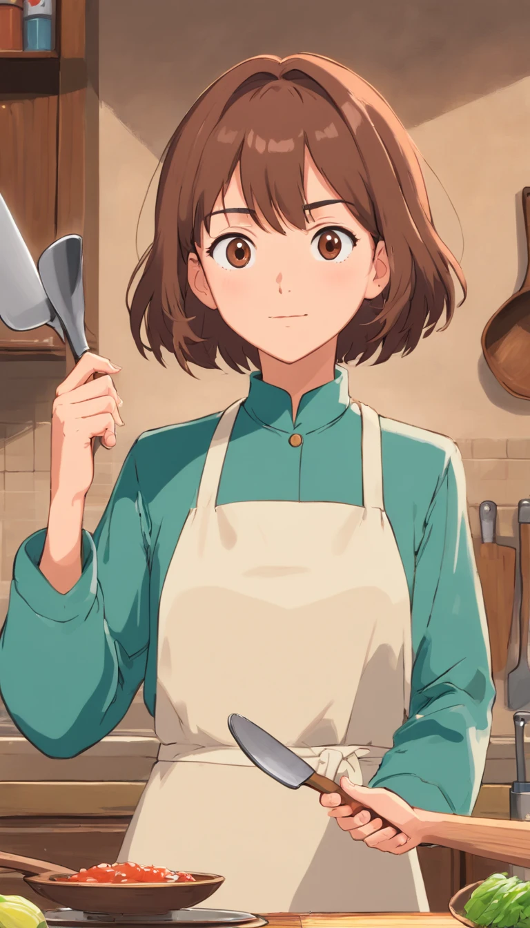anciana, (pecho enorme: 1.4), brown hair, ropa, Aunt's Look,Front view,Holding the spatula,Cara estricta.